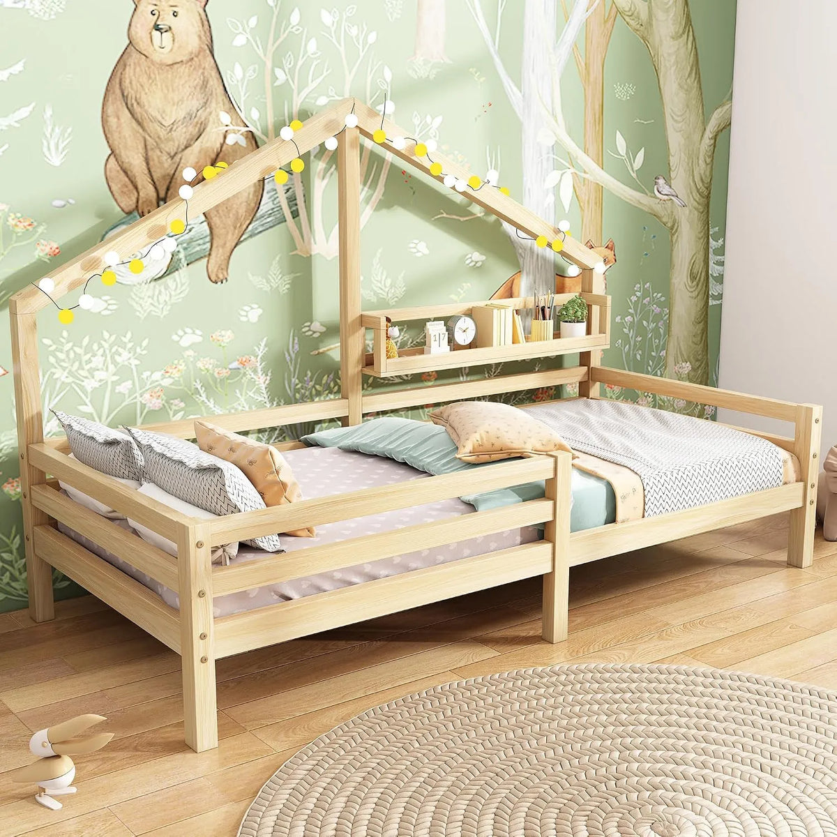Merax Lit d'enfant 90x200cm avec protection anti-chute: pour enfant, en bois, avec rangement, avec barrière anti-chute, 90 × 200cm