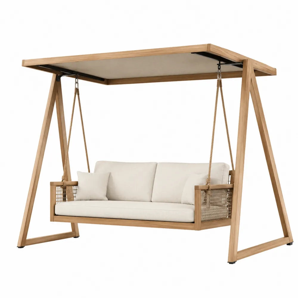 Balancelle en bois avec coussins en polyester beige