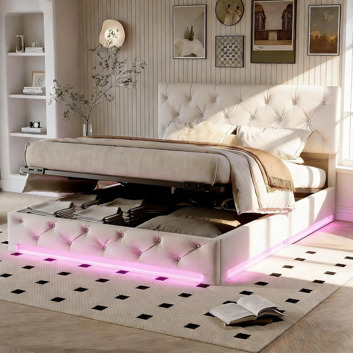 Lit rembourré et cadre de lit tapissé — revêtement en tissu, avec rangement, réglable, affichage LED, 140 × 200 cm, blanc