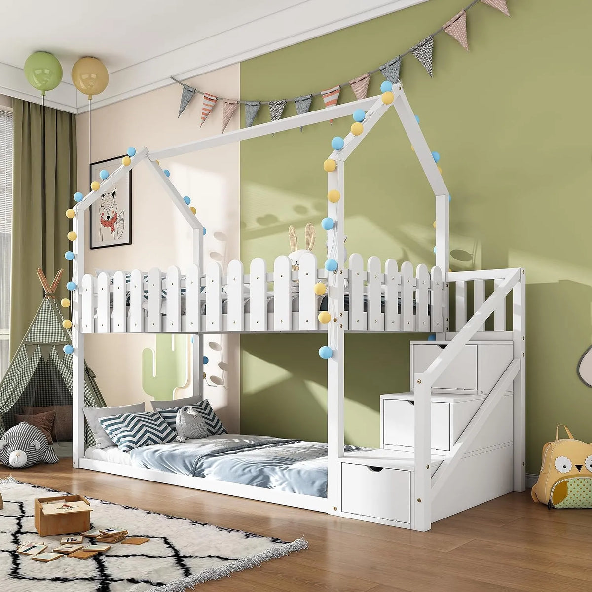 Lit superposé et lit mezzanine — pour enfant, en bois, avec rangement, avec escalier, 90 × 200, blanc, en bois massif