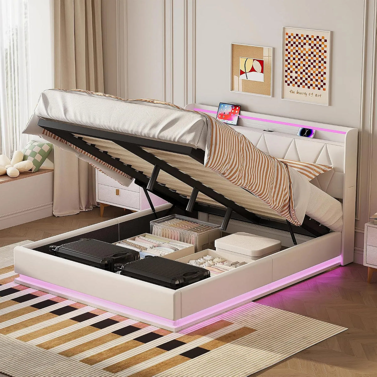 Lit Coffre 160 x 200 cm avec sommier – avec rangement, avec port USB, affichage LED, 160 × 200 cm, blanc, revêtement en velours