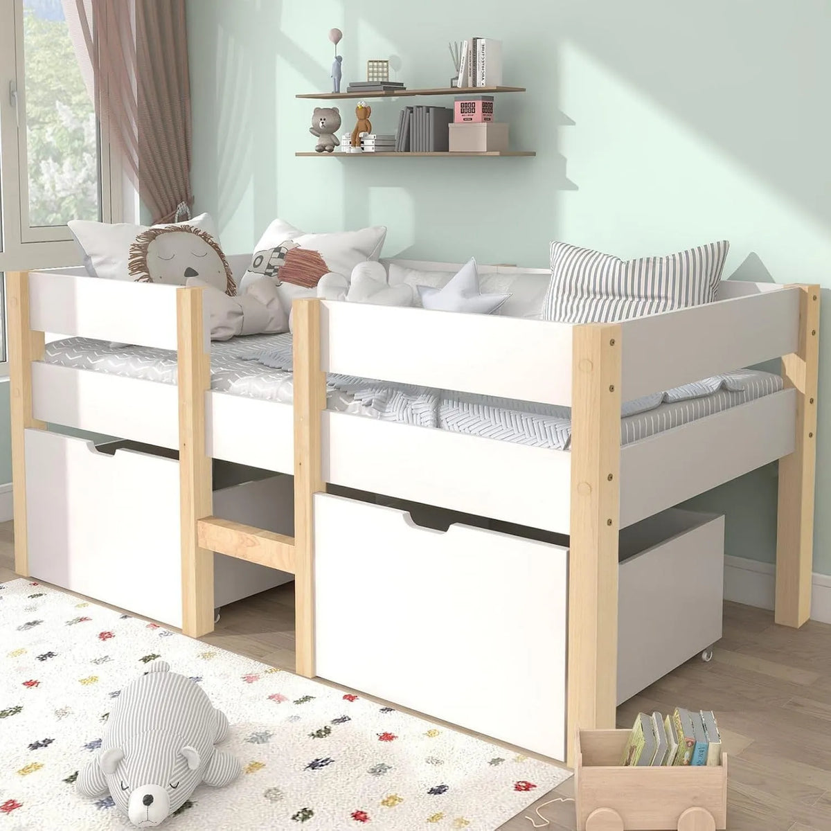 Lit d'enfant en Mezzanine avec Clôture de Sécurité et 2: pour enfant, en bois, avec rangement, avec tiroirs, 2 tiroirs, 90 × 200CM