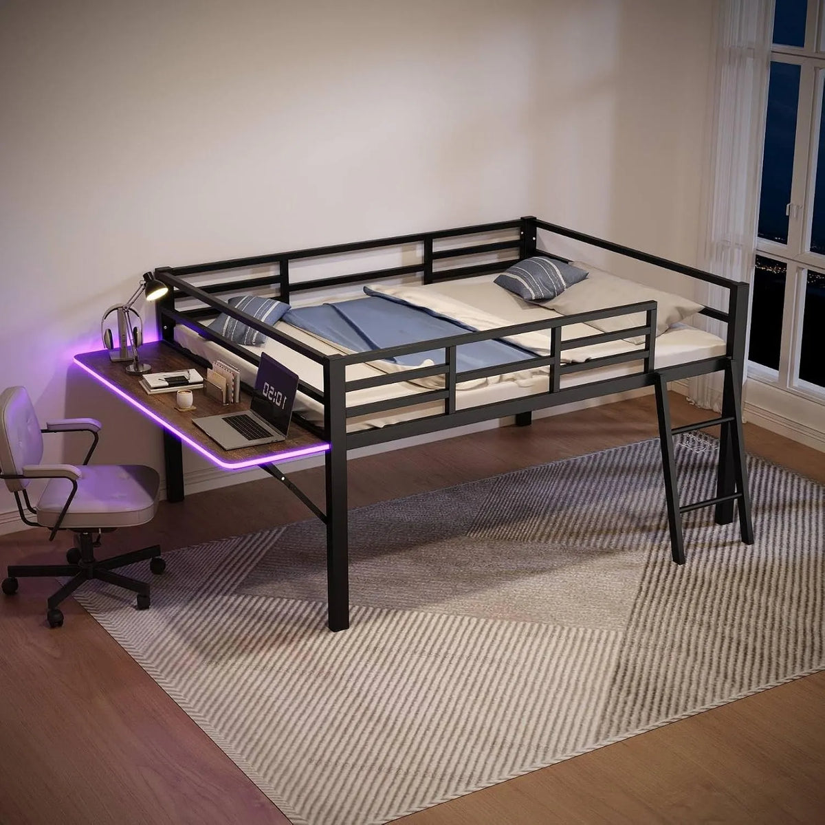 Bureau et table informatique: en métal, avec bureau, affichage LED, 140 × 200cm, noir, revêtement en tissu