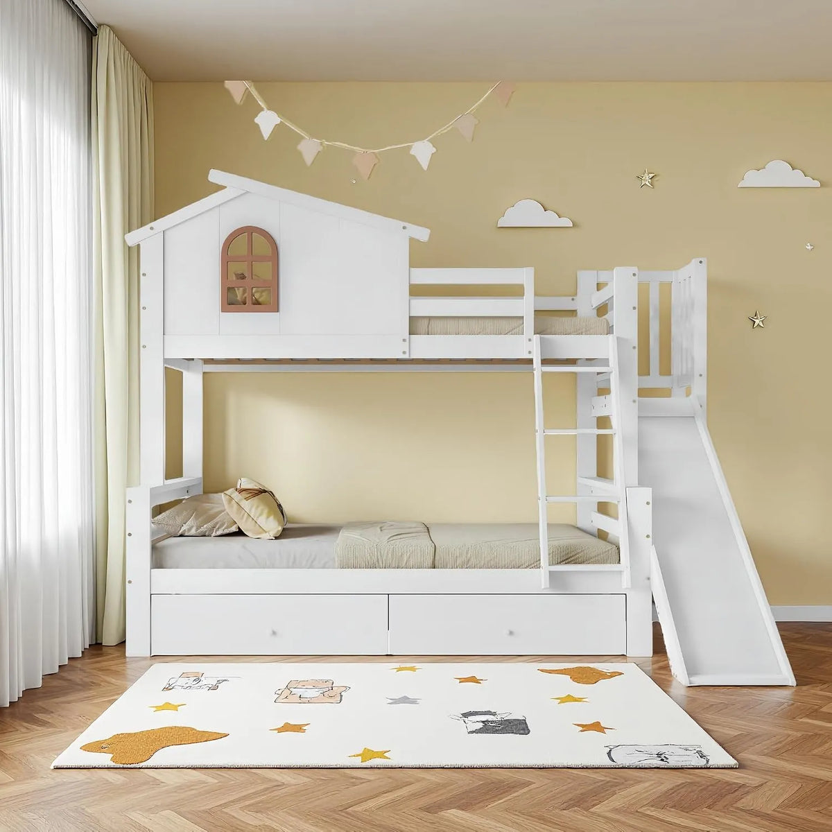 Lit superposé et lit mezzanine — pour enfant, en bois, avec tiroirs, avec toboggan, 120 × 200 cm, blanc, inclinable, en bois massif