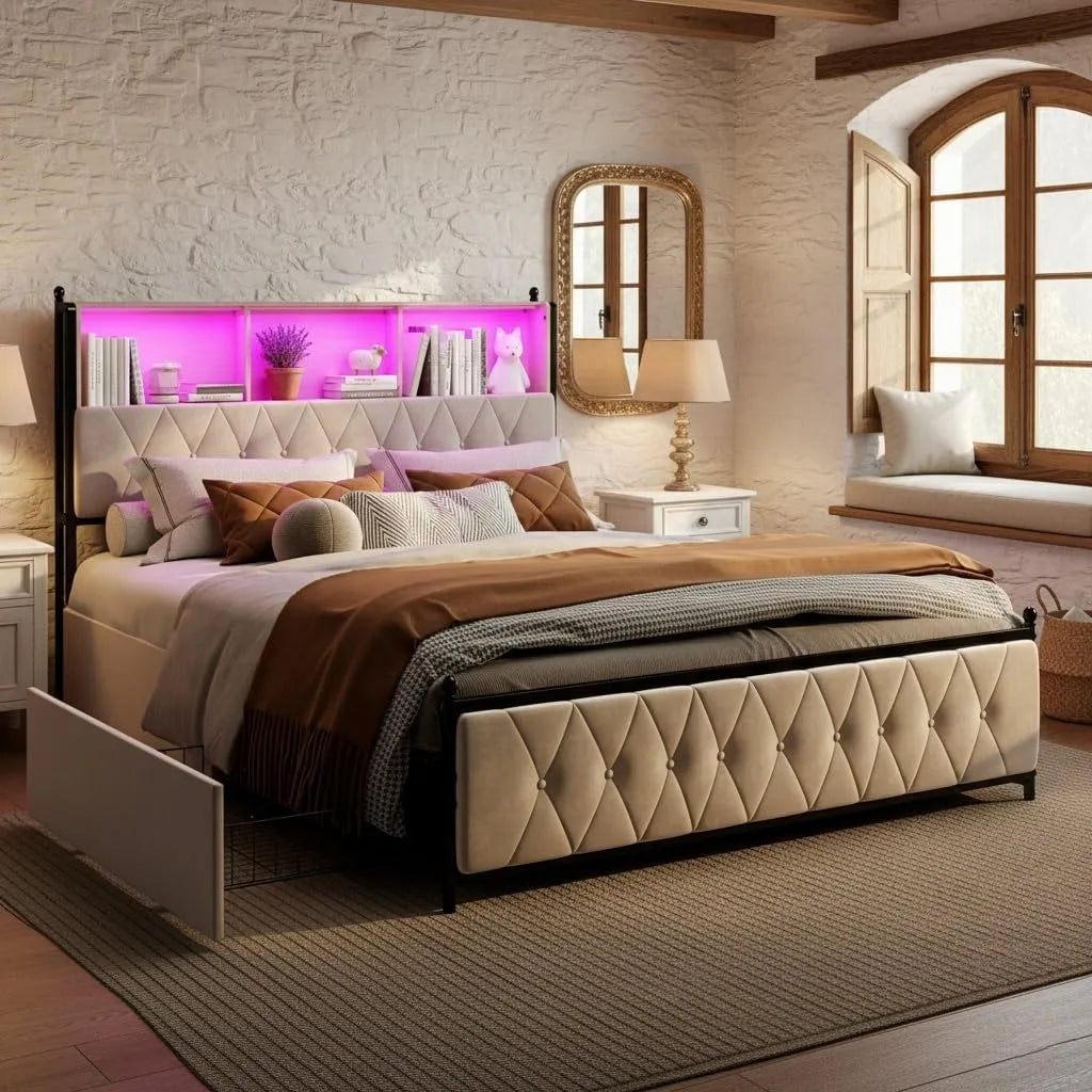 Lit Coffre Double 180x200 Velours Beige avec LED: avec rangement, avec tiroirs, affichage LED, 4 Tiroirs, 180 × 200