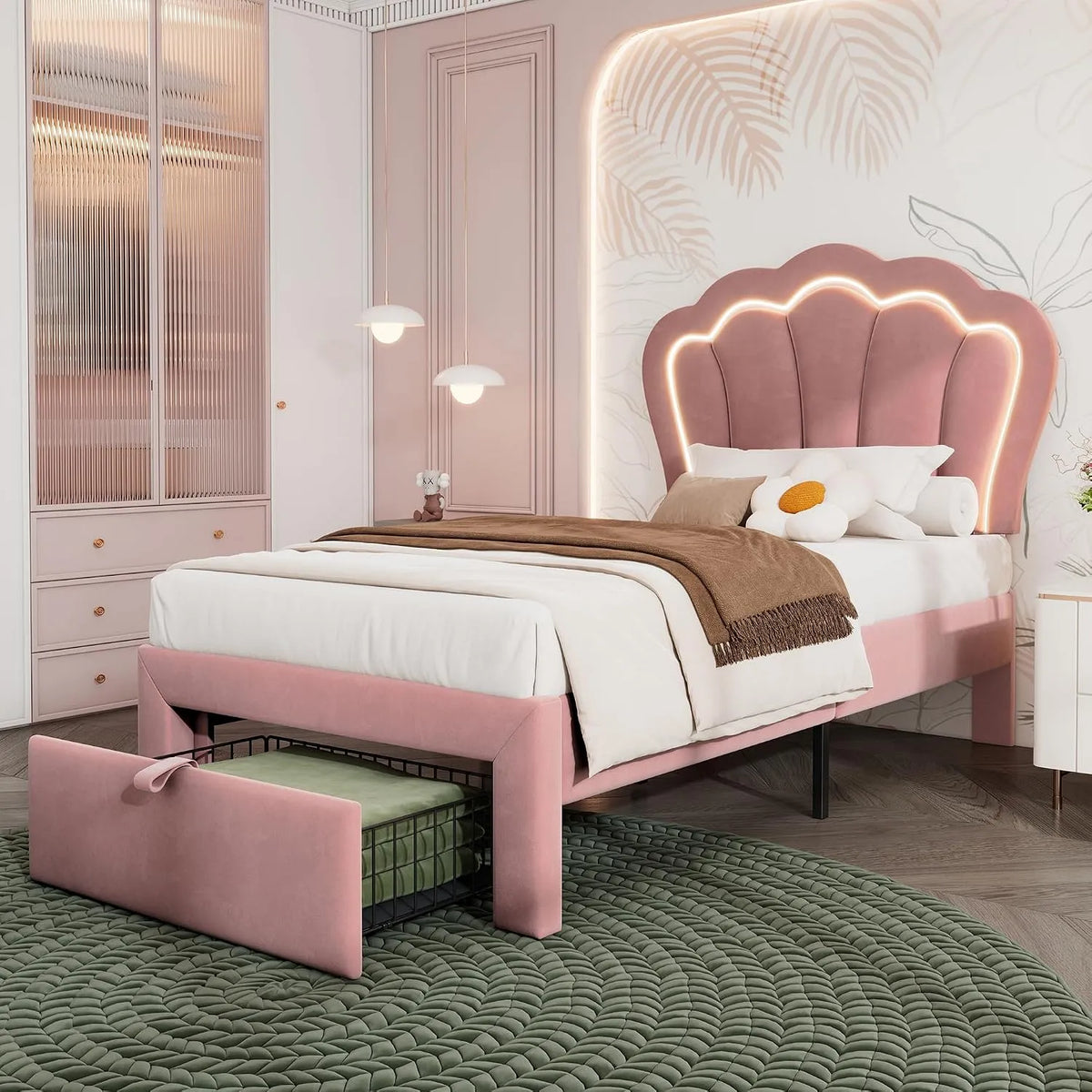 Lit simple pour enfant: Rose, avec tiroirs, réglable, affichage LED, 90 × 190 cm, revêtement en velours