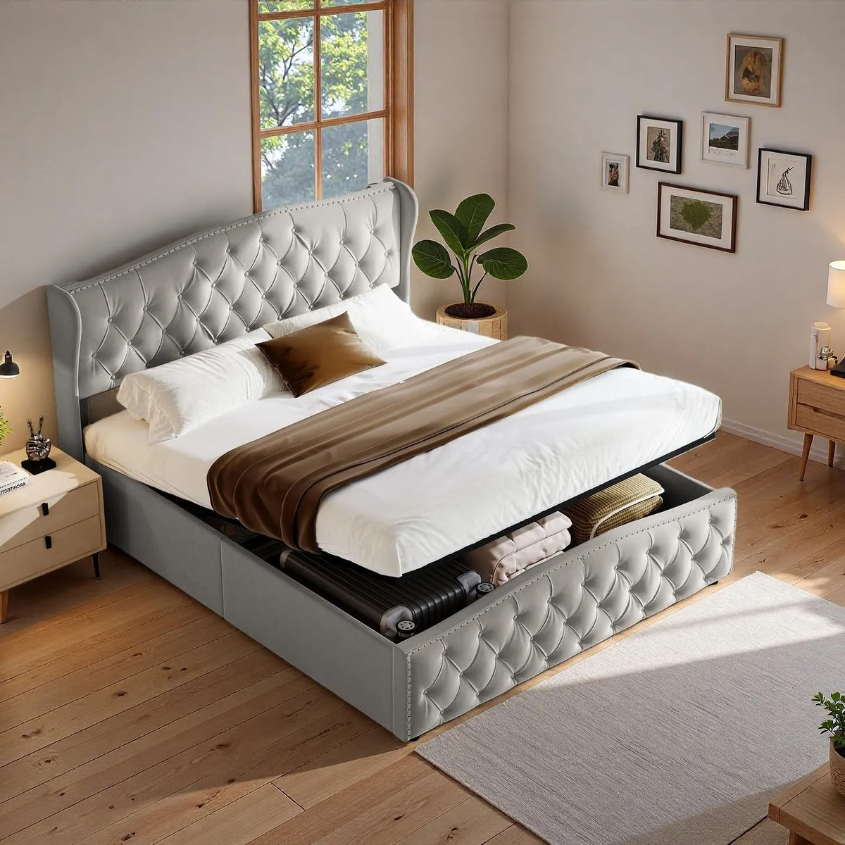 Lit Coffre 160x200 avec Sommier — avec rangement, 160 × 200, 160 × 200 cm, gris, revêtement en velours