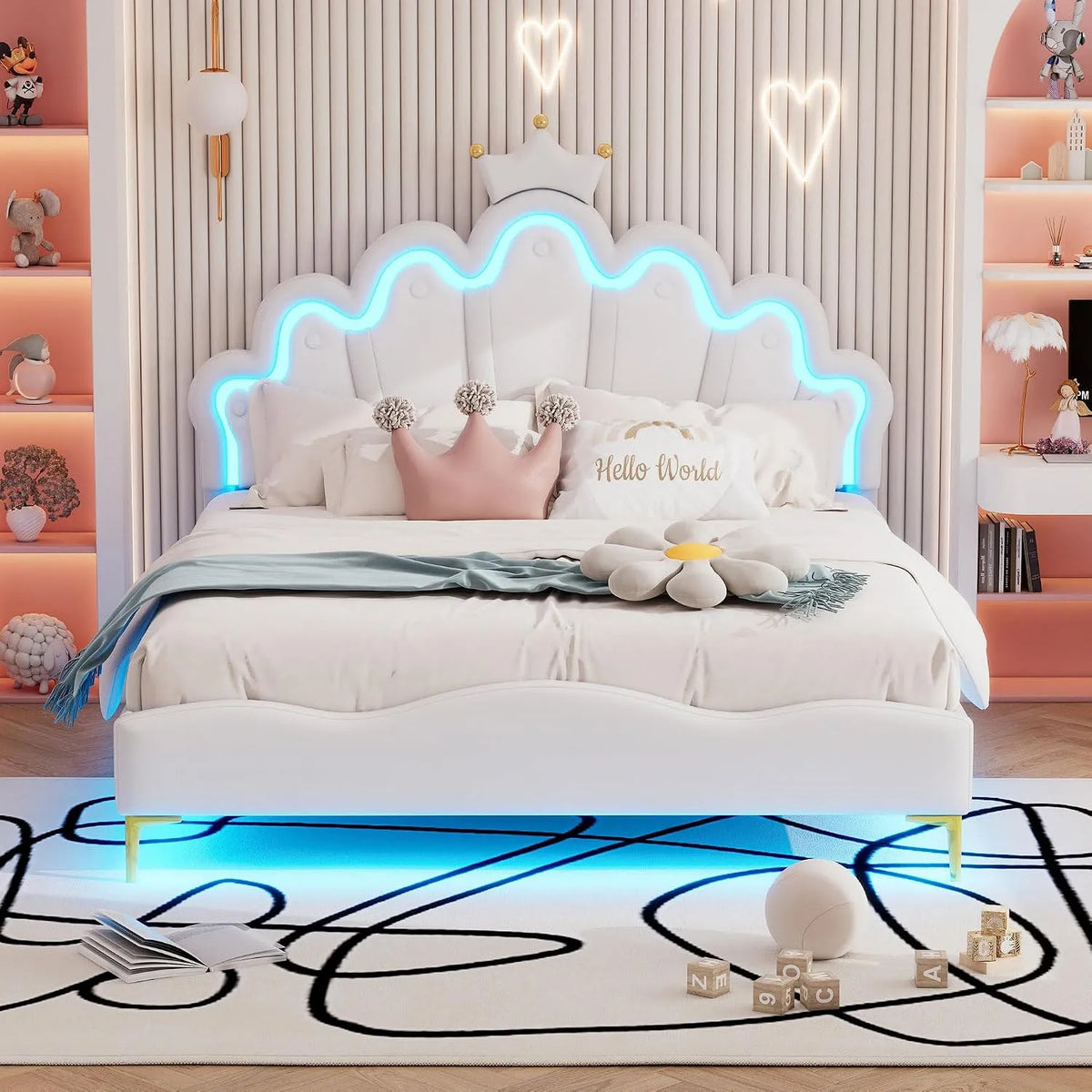 Lit rembourré et cadre de lit tapissé – pour enfant, en cuir PU, réglable, 140 × 200cm, blanc, avec éclairage LED, revêtement en tissu