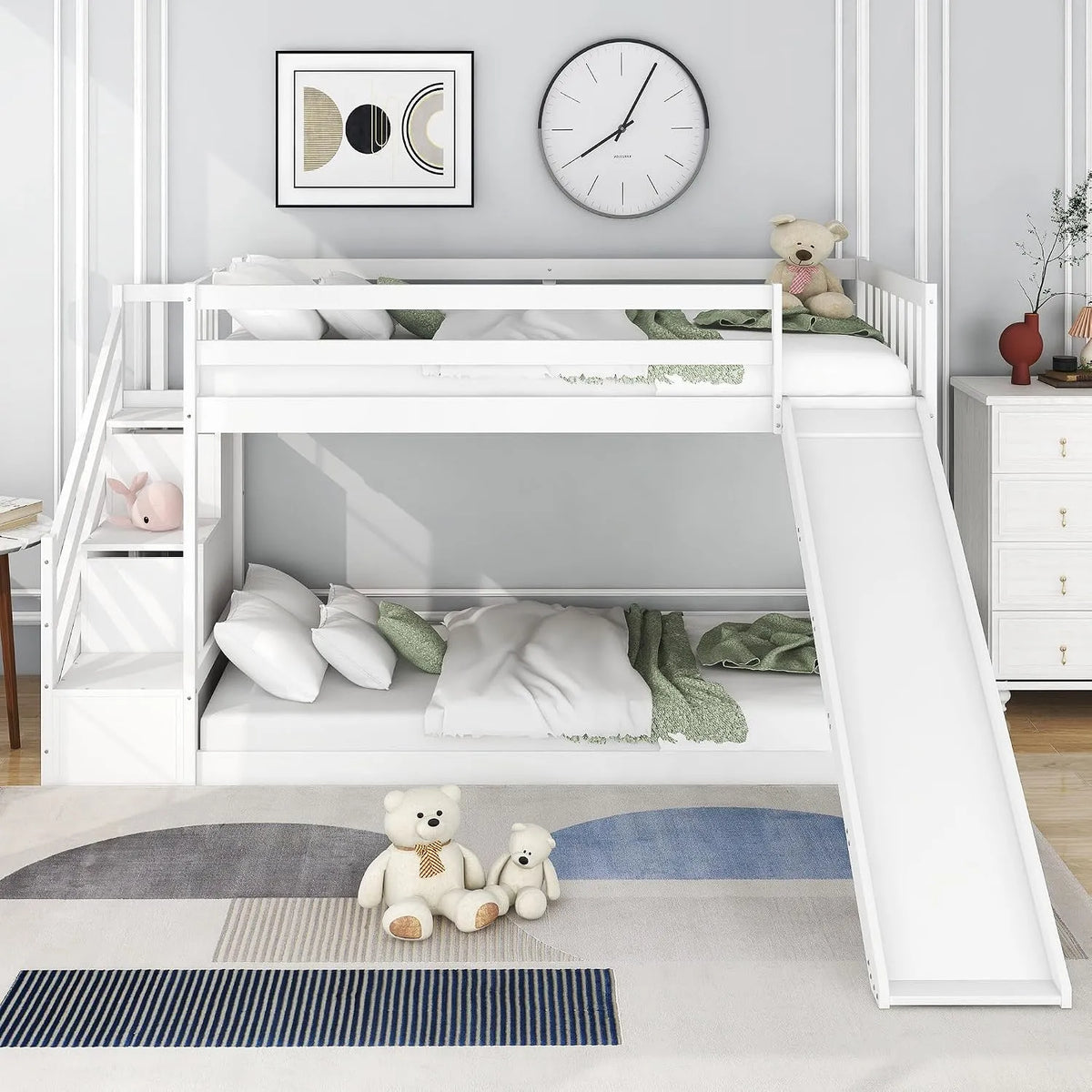 Lit superposé et lit mezzanine — pour enfant, avec tiroirs, avec escalier, avec toboggan, 2 tiroirs, 90 × 200cm, blanc
