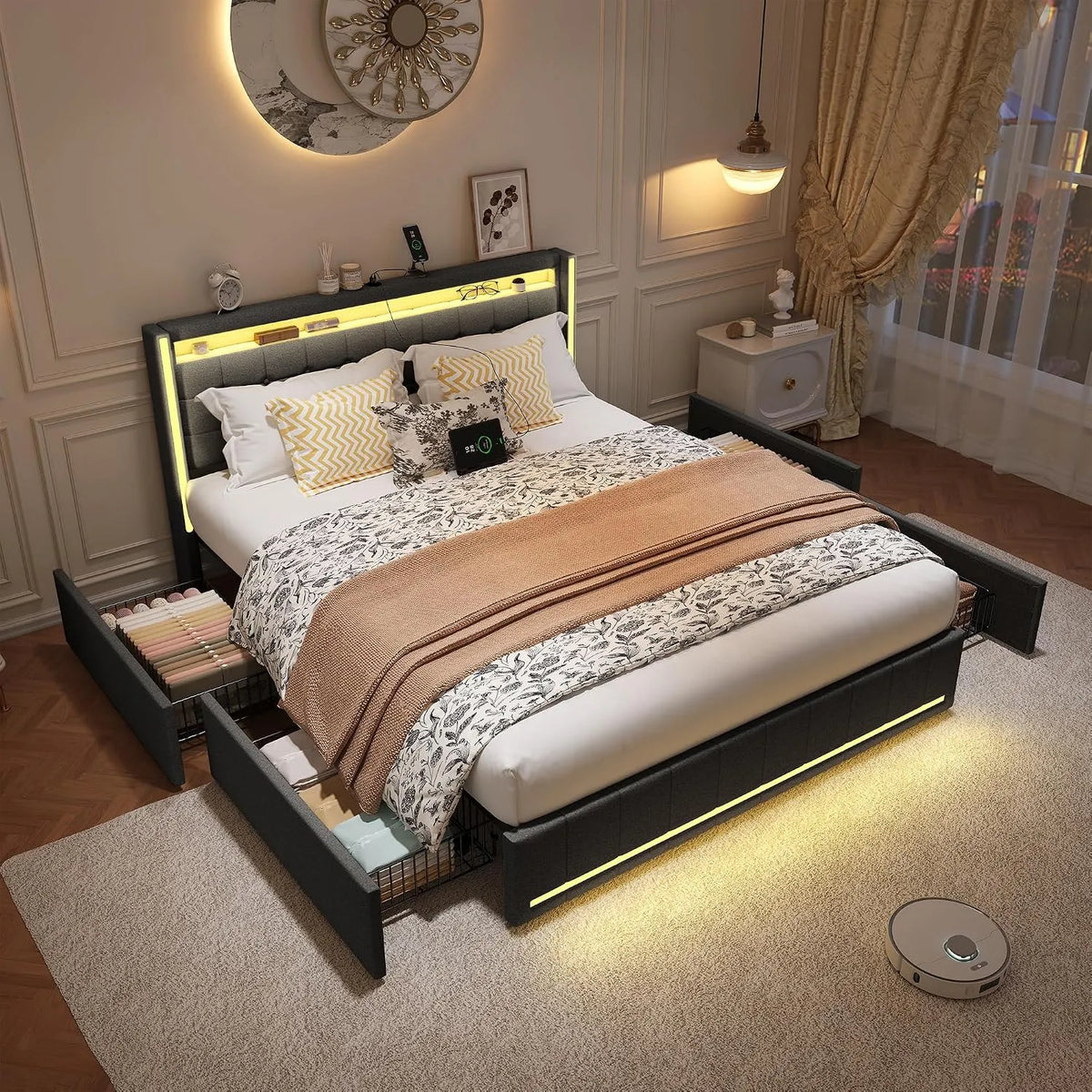 Lit Double 140x190cm avec Éclairage LED et Charge USB — avec tiroirs, avec port USB, affichage LED, 4 Tiroirs, 140 × 190cm, gris, revêtement en tissu