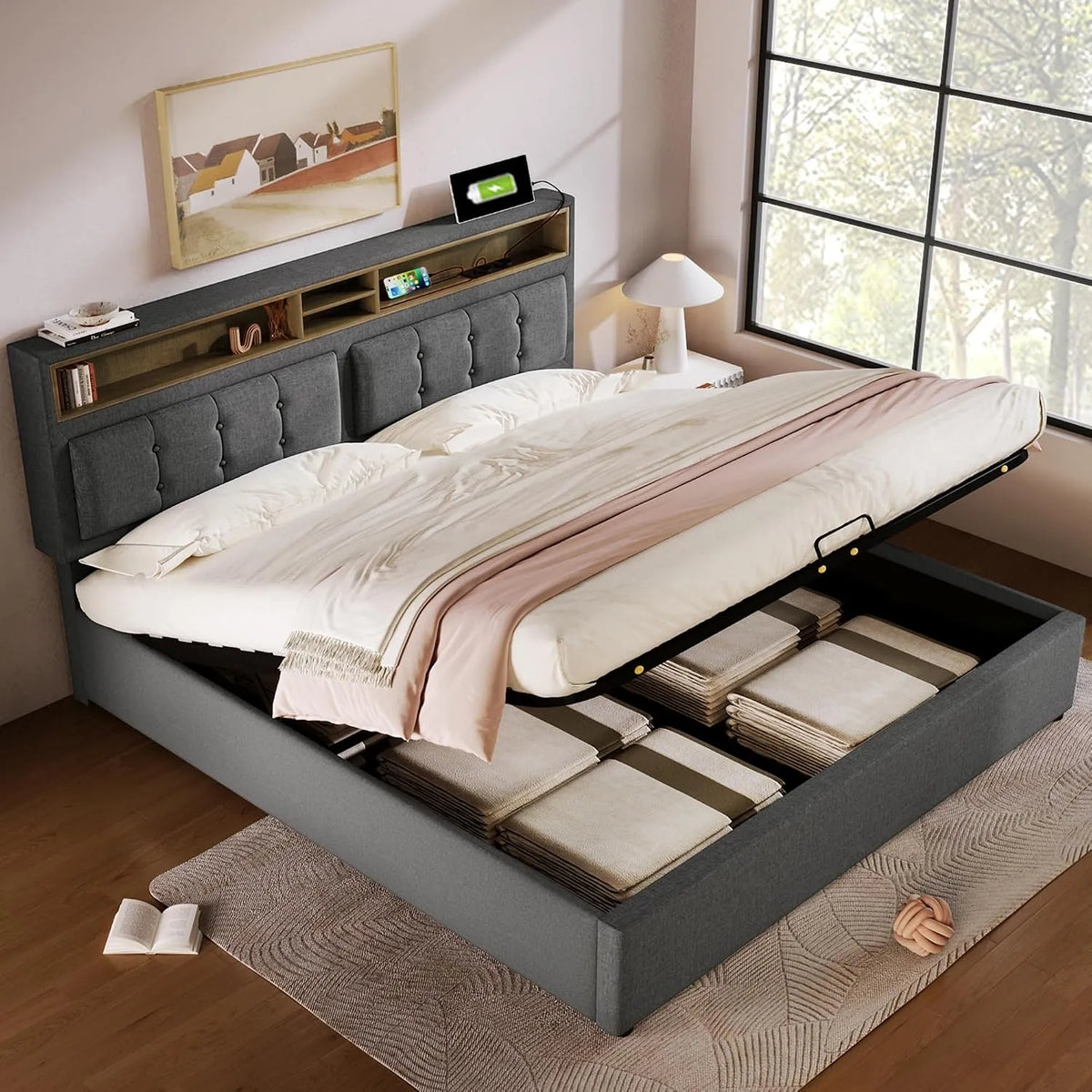 Lit Double rembourré – en bois, 160 × 200 cm, gris, en bois massif, revêtement en tissu