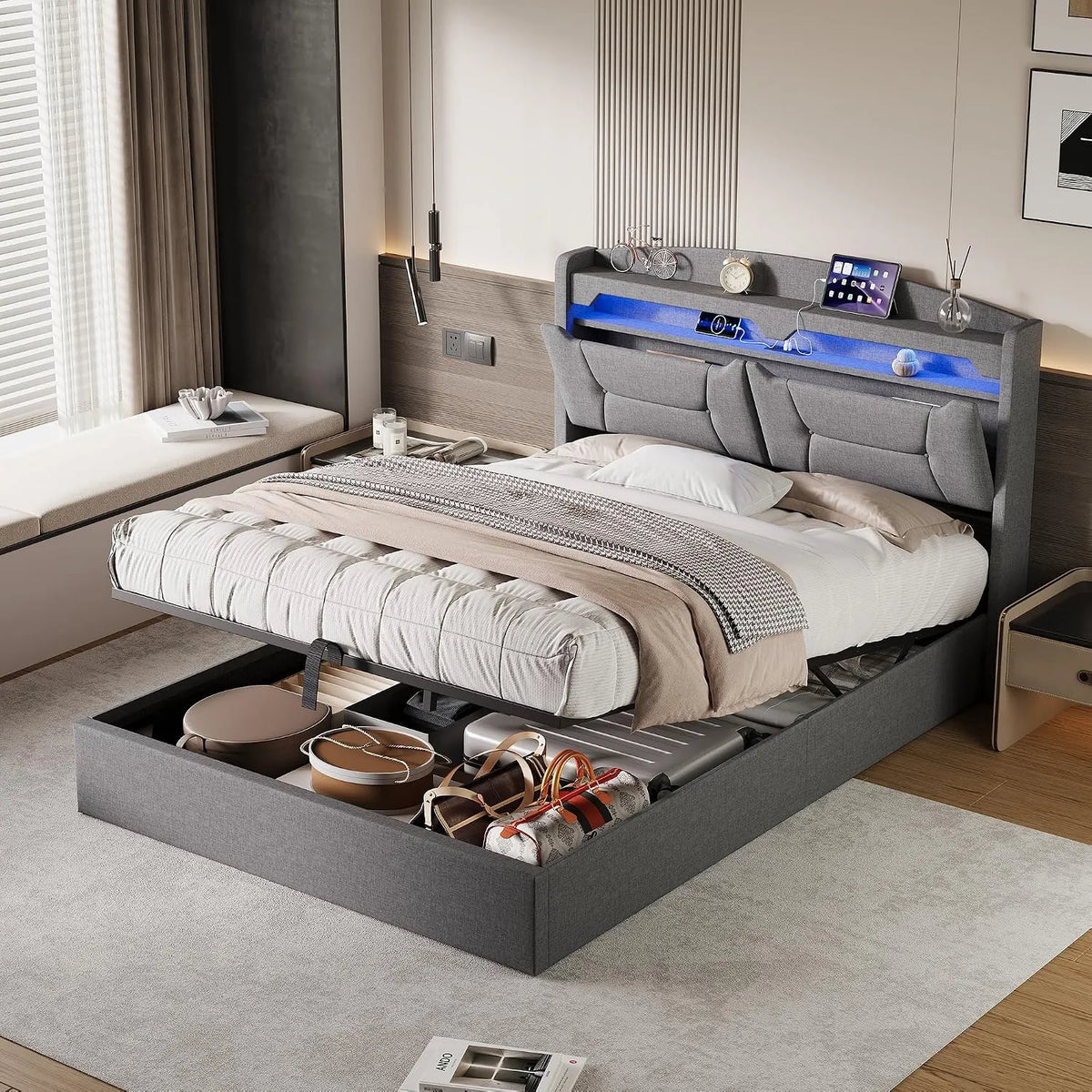 Lit Coffre 140 x 190 avec éclairage LED et Charge – avec rangement, avec port USB, affichage LED, 140 × 190, 140 × 190 cm, gris