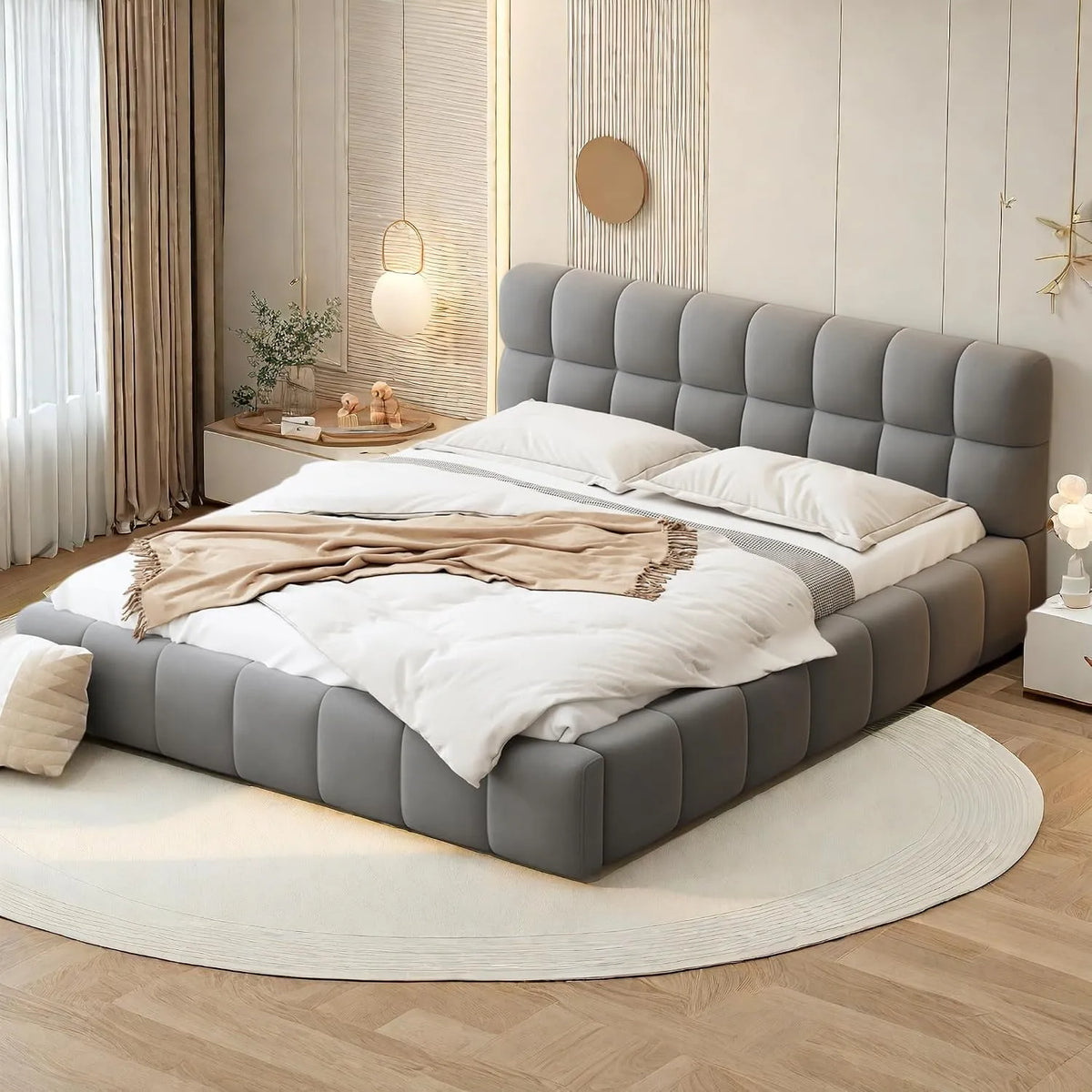 Lit double rembourré — avec dossier, 140 × 190 cm, gris, revêtement en tissu