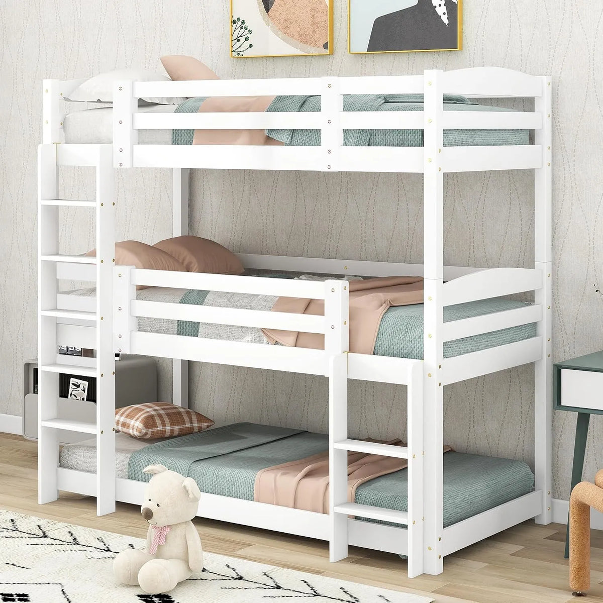 Lit superposé et lit mezzanine – pour enfant, en bois, 3 Places, 90 × 200, blanc