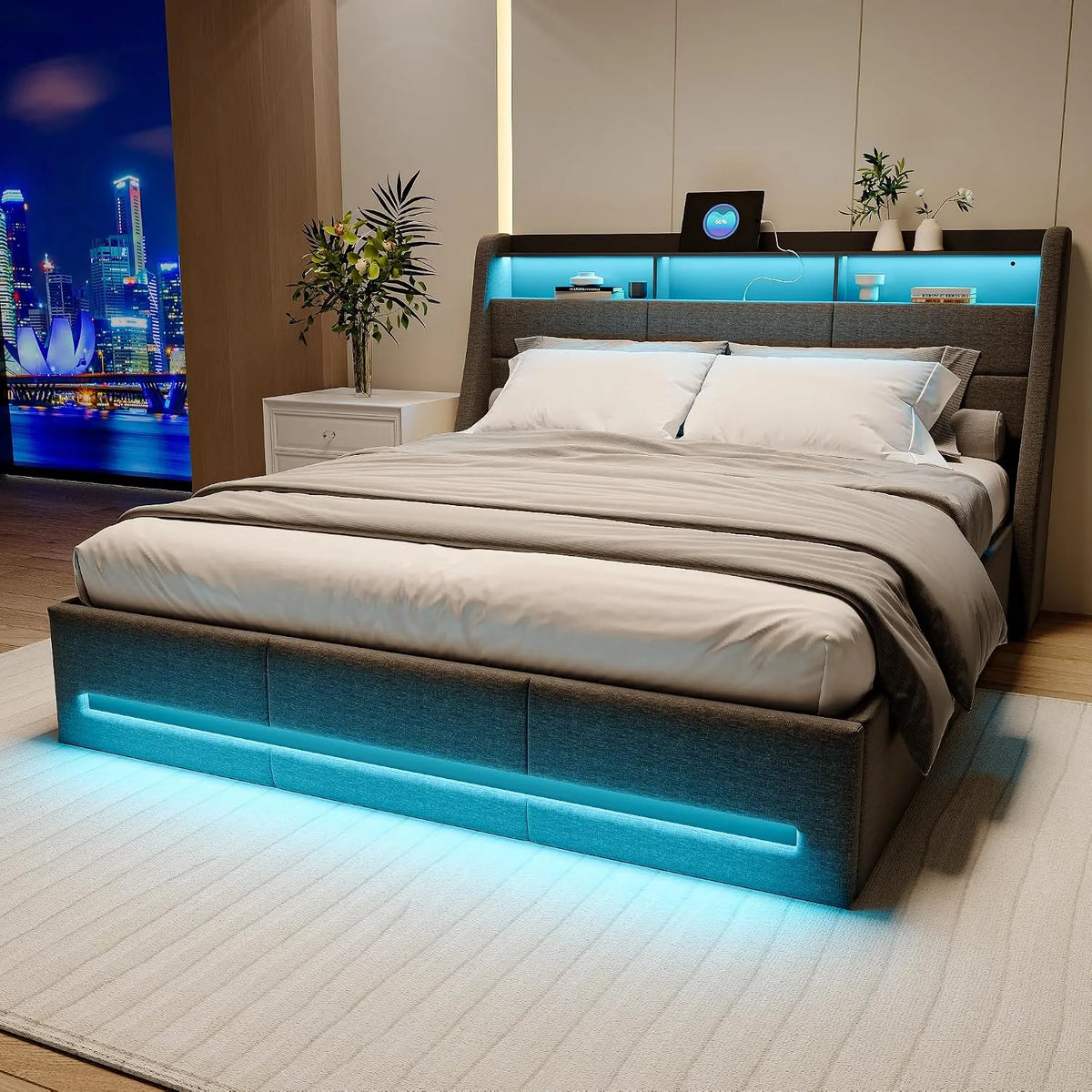 Lit Coffre 160x200 avec sommier LED et USB: avec rangement, avec port USB, affichage LED, 160 × 200, 160 × 200 cm, gris