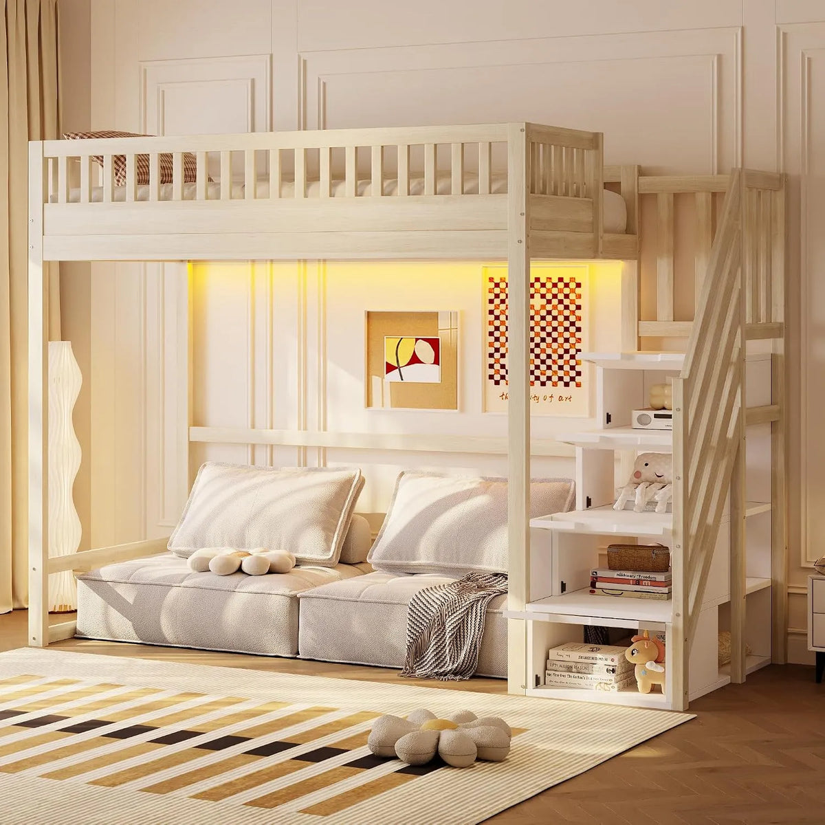 Merax Lit mezzanine: réversible, en bois, avec rangement, avec escalier, 90 × 200 cm, avec éclairage LED, en bois massif