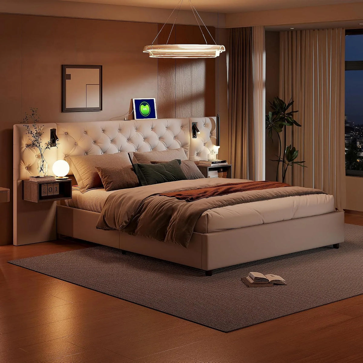Lit double avec tables de chevet: en bois, avec rangement, avec port USB, 160 × 200 cm, blanc