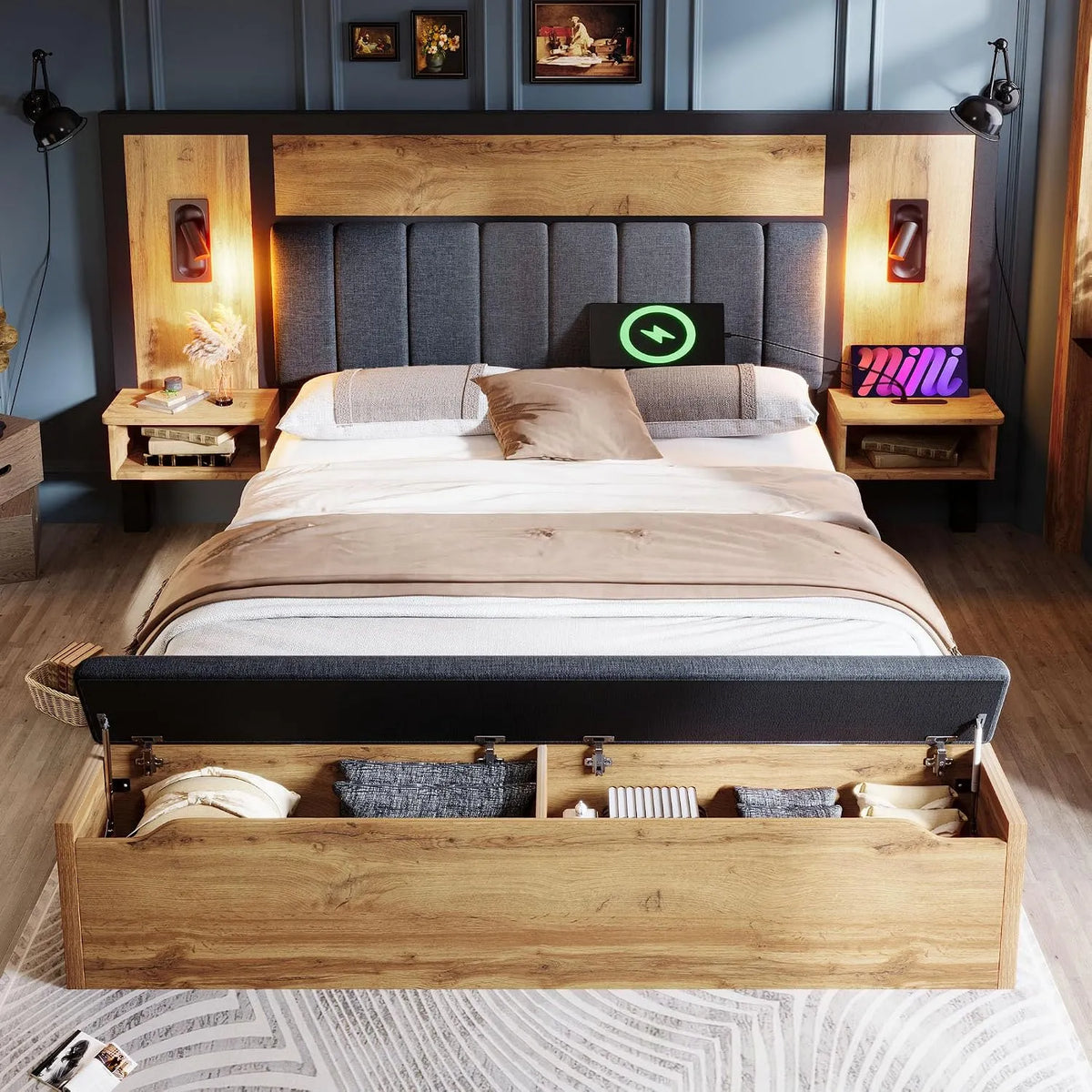 Banc et banquette d'intérieur – en métal, avec rangement, avec port USB, 180 × 200 cm, revêtement en tissu