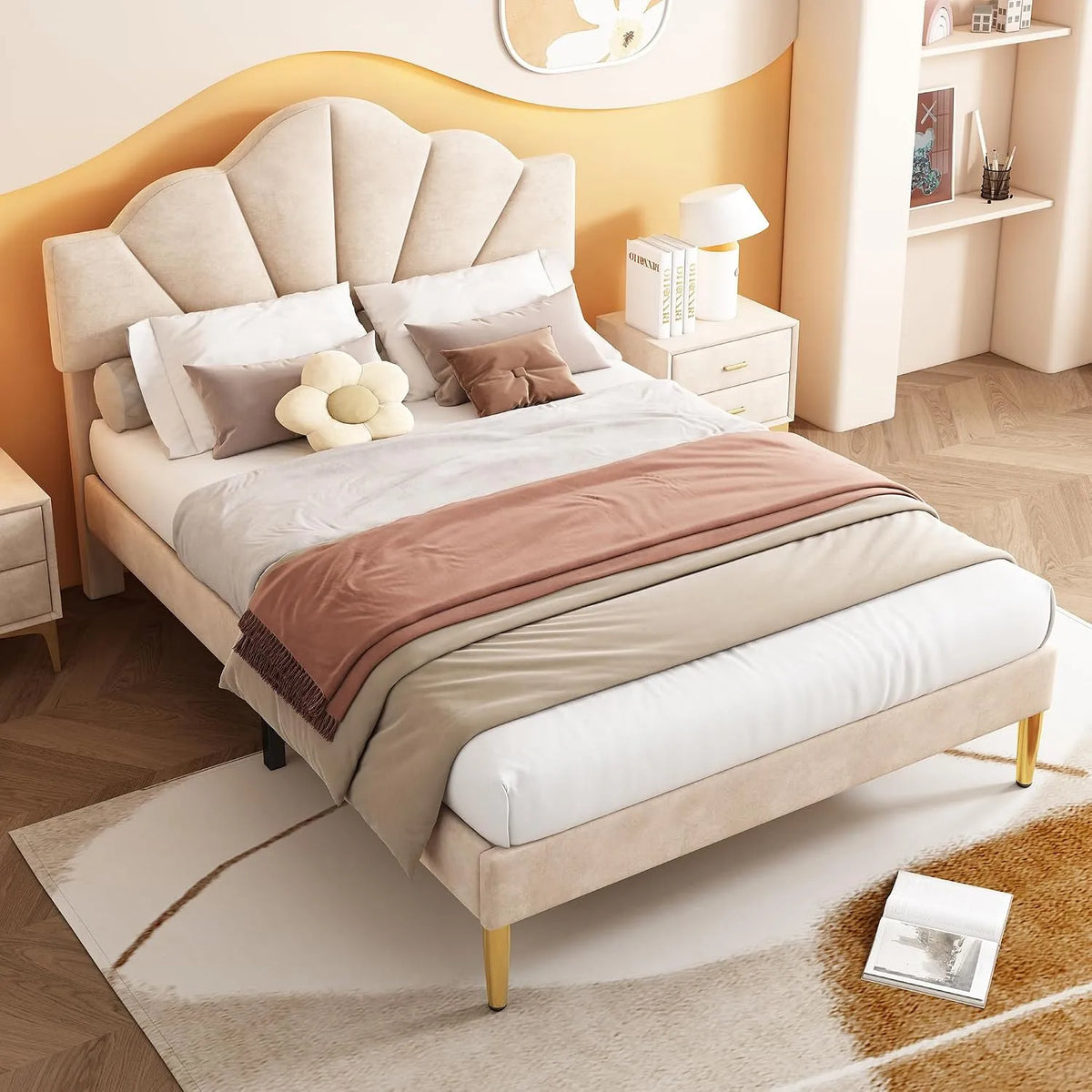 Lit 140x190 avec sommier — en bois, réglable, 140 × 190, 140 × 190 cm, beige, hauteur réglable, revêtement en velours