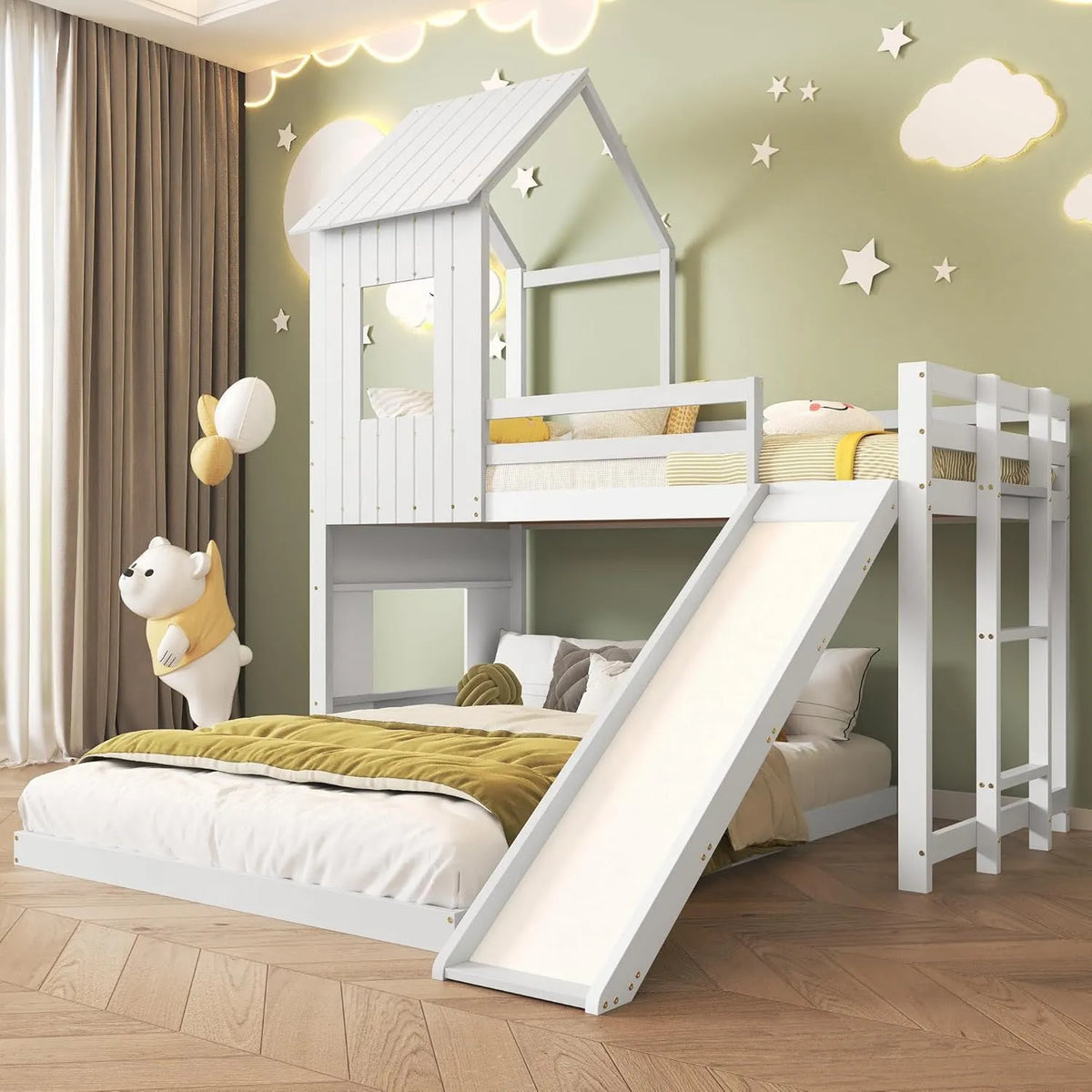 Lit superposé et lit mezzanine — pour enfant, avec toboggan, avec barrière anti-chute, avec échelle, 90 × 200 cm, 140 × 200 cm