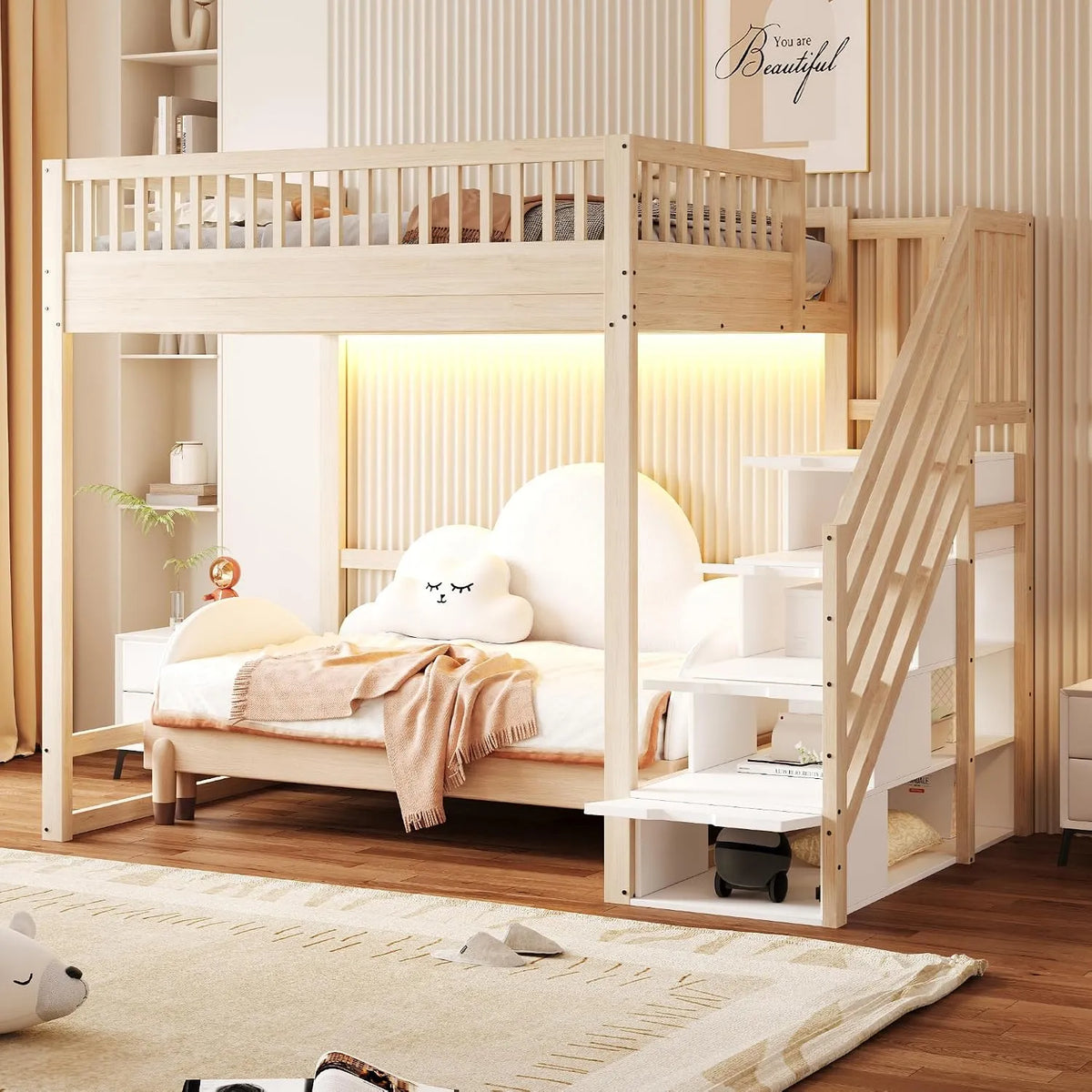 Merax Lit mezzanine 140 x 200 cm: pour enfant, en bois, avec rangement, avec escalier, 140 × 200 cm, avec éclairage LED, en bois massif