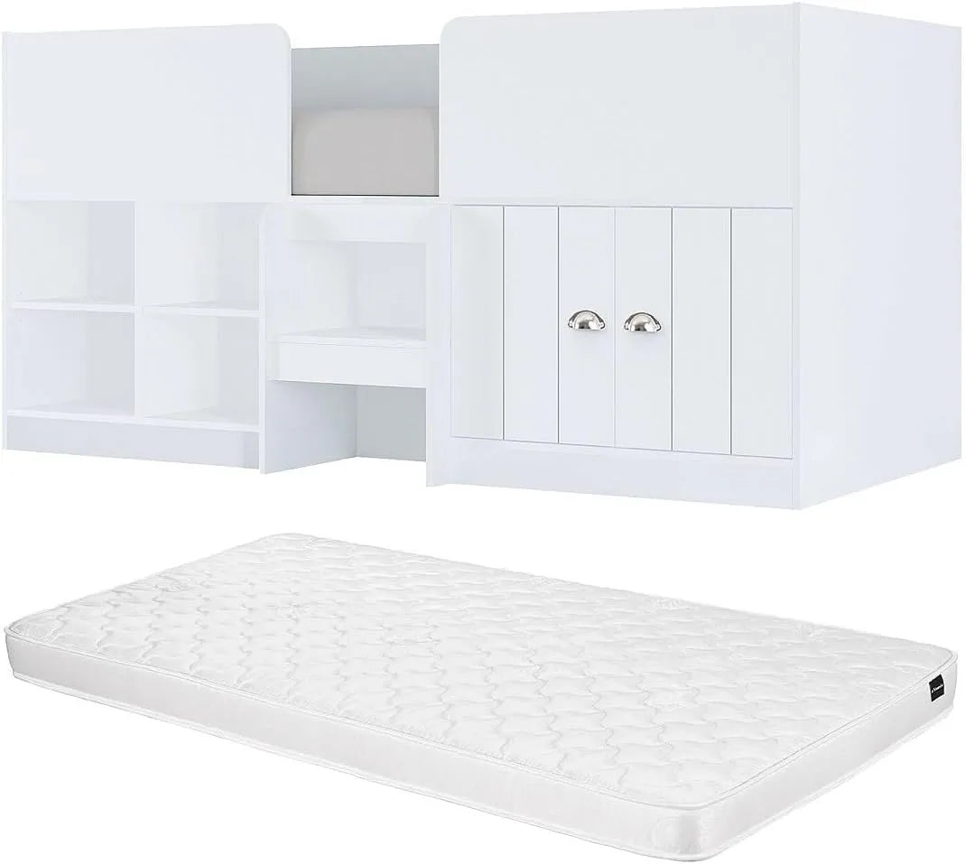 Vente-unique — BOUTANIO, pour enfant, avec rangement, 90 × 190 cm, blanc, revêtement en tissu