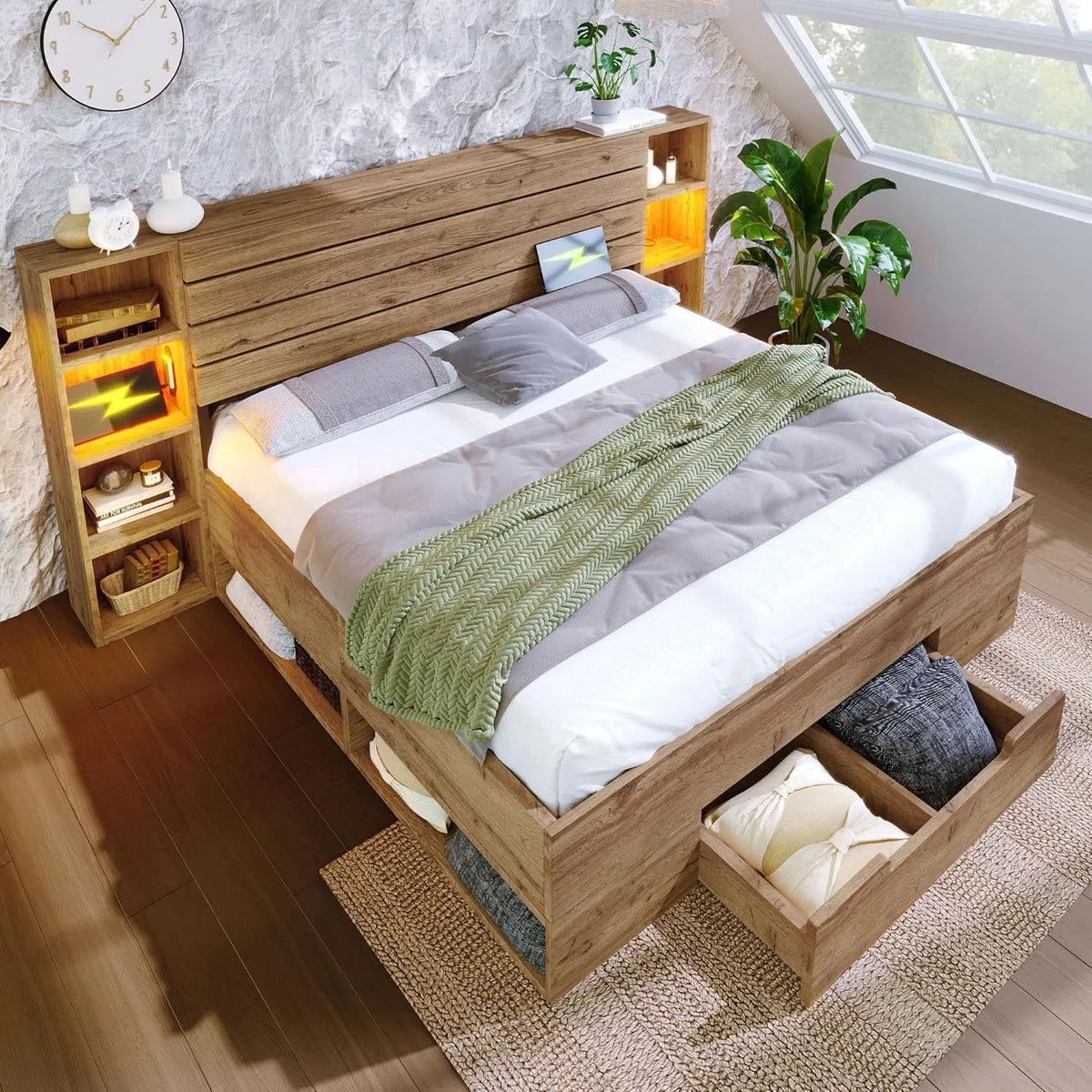 Lit double en bois massif 160 x 200 cm – avec tiroirs, affichage LED, 160 × 200 cm, revêtement en tissu