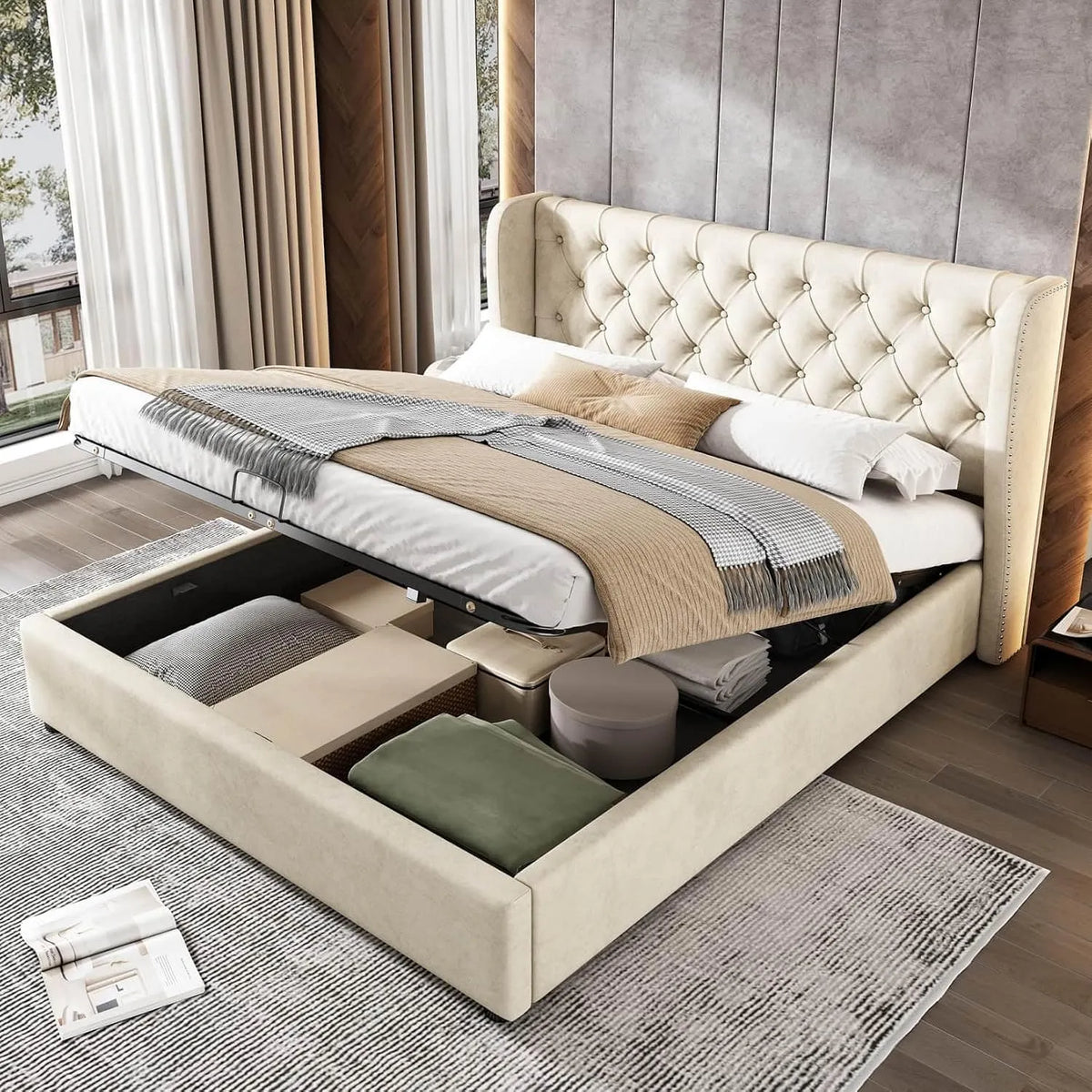Lit Coffre 140x200cm — revêtement en tissu, avec rangement, 140 × 200cm, beige, revêtement en velours