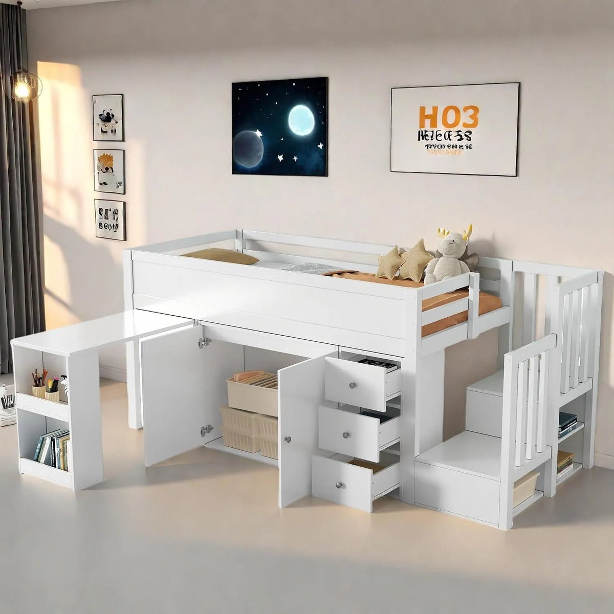 Lit superposé et lit mezzanine: MDF, pour enfant, avec rangement, avec tiroirs, avec bureau, 1 Place, 90 × 200