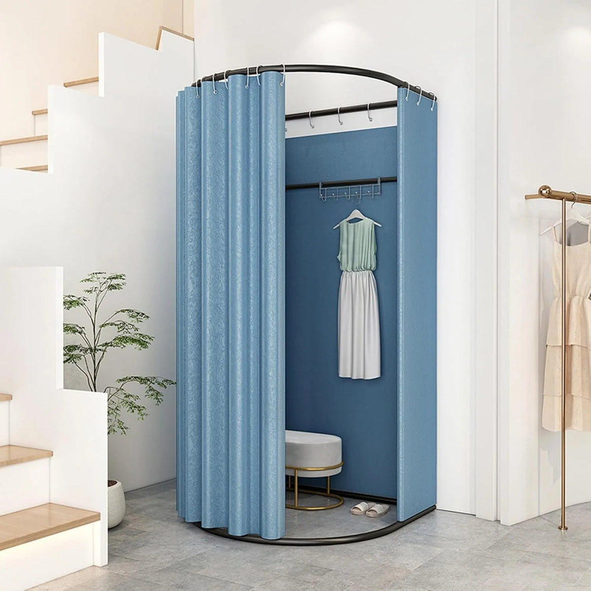 Vestiaire portable autonome avec rideau d'intimité – format compact, pliable, format portable, usage professionnel, 85 × 80 cm, bleu