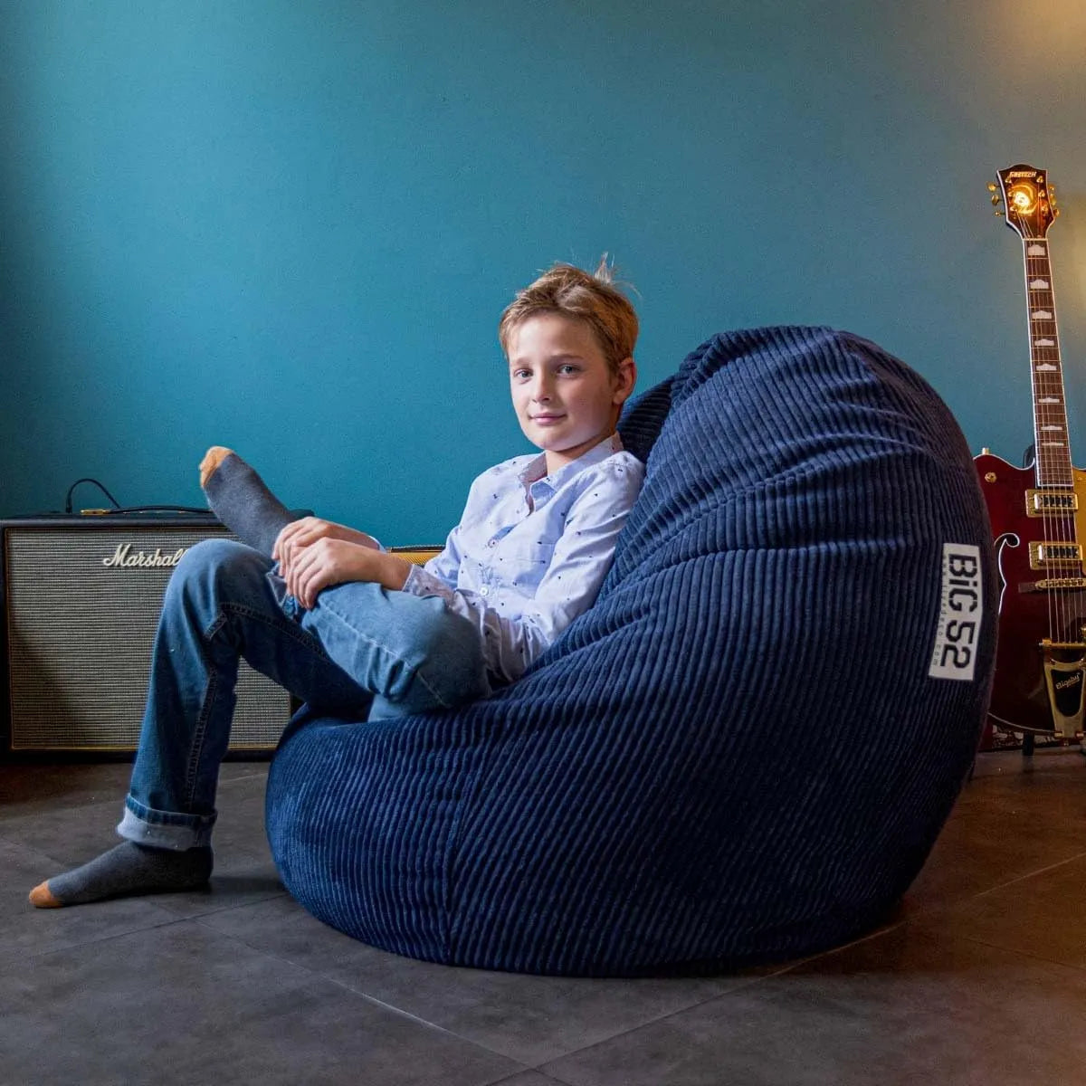 Pouf Poire Déhoussable avec Billes – BiG52, en velours côtelé, bleu