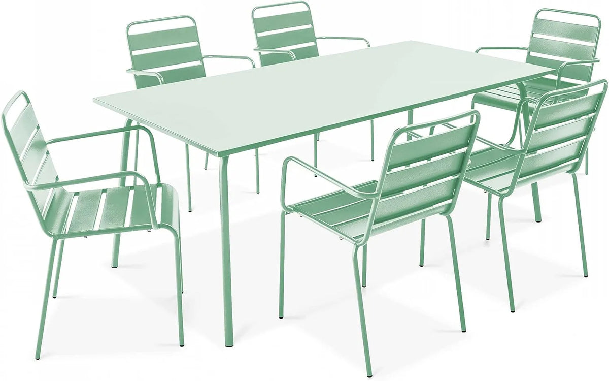 Oviala Ensemble Table de jardin et table de terrasse et 6 fauteuils en métal: Palavas, vert