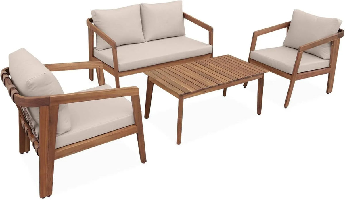 Salon de jardin et ensemble lounge: LOBERIA, en cuir, en bois, avec dossier, 4 Places, beige