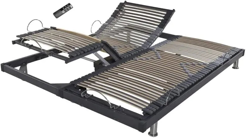 Literie Sommier électrique S50 -Lattes Bois -Réglage fermeté Zone lombaires – en bois, 2 × 80 × 200, gris