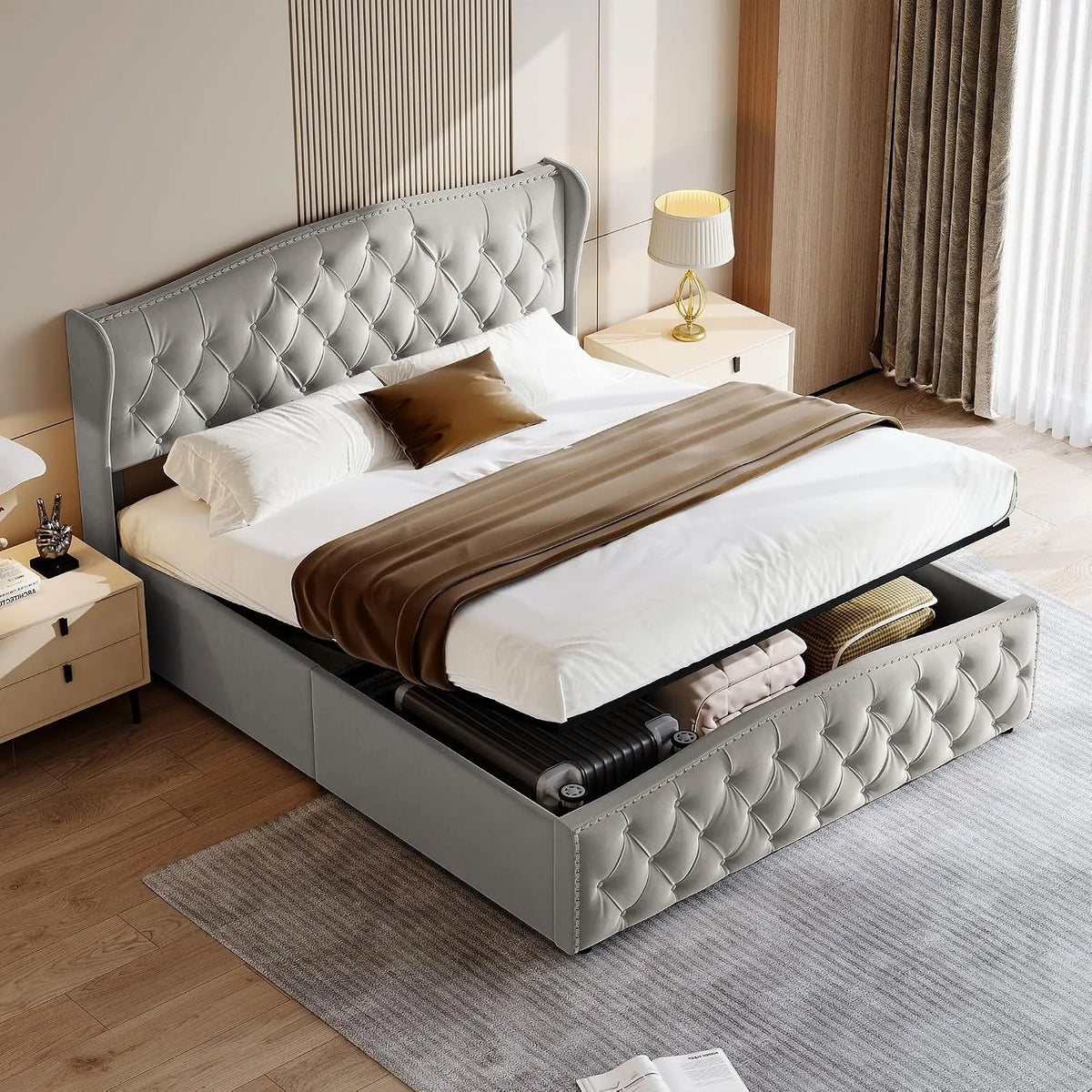 Lit Capitonné 140 x 200 cm Avec Tiroir de Rangement: avec rangement, avec tiroirs, 140 × 200 cm, gris, revêtement en velours, revêtement en tissu