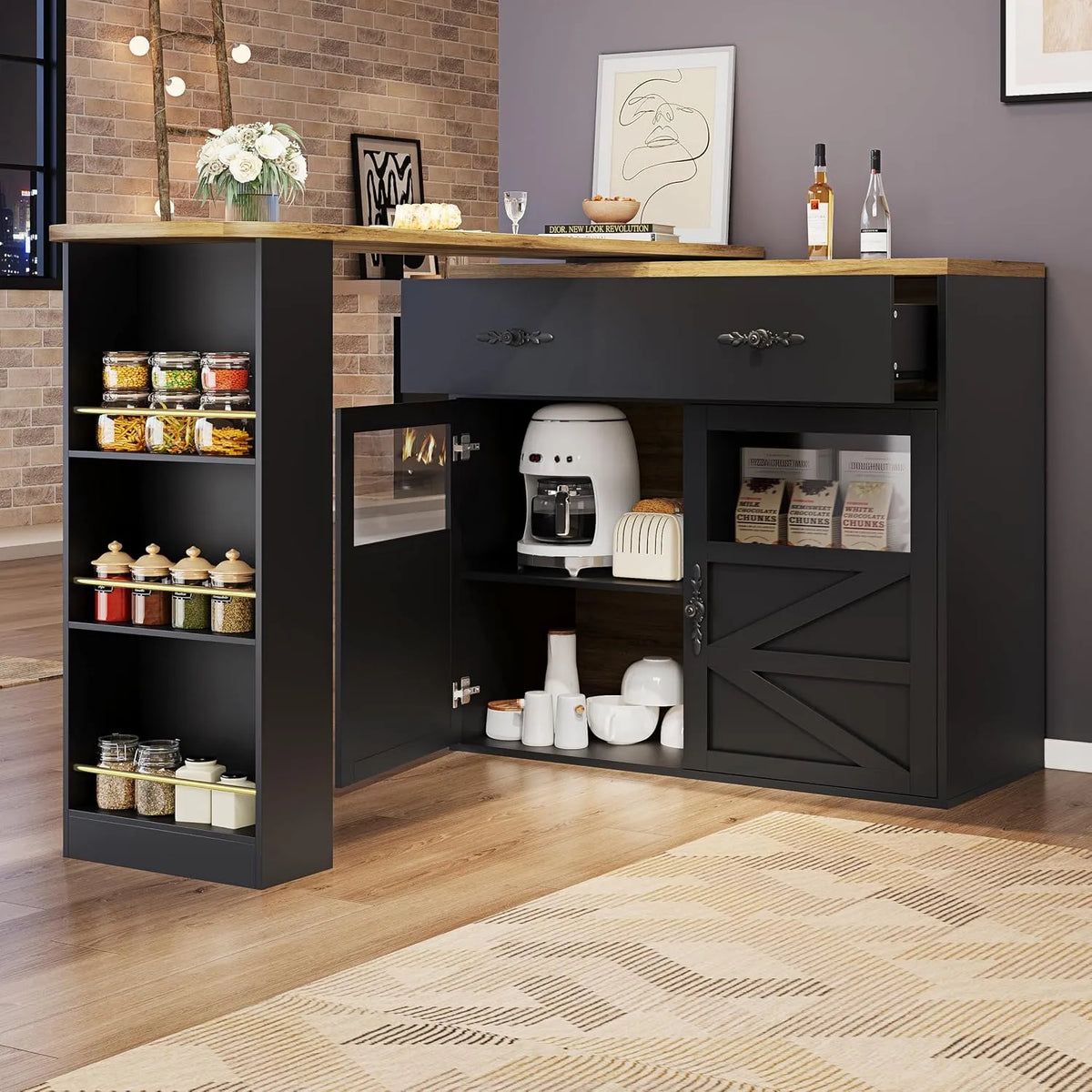Table de bar pliable 138-204 x 39 x 104 cm: avec tiroirs, avec Bibliothèque et étagère de rangements, pivotant, 4 étagères, 204 × 39 × 104 cm, noir