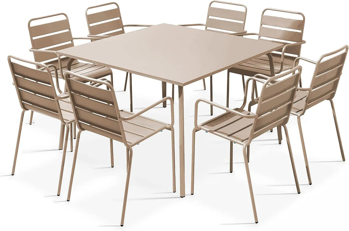 Oviala Ensemble Table de jardin et table de terrasse carrée et 8 fauteuils en — Palavas, en métal, beige