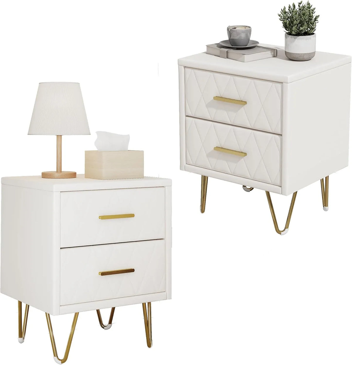Lit rembourré et cadre de lit tapissé — en métal, en cuir, avec tiroirs, Lot de 2, 41 × 35, 5 × 51 cm, beige