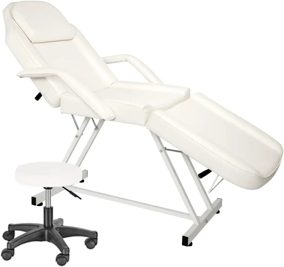 Table de Massage Pliante Professionnelle avec Tabouret à roulettes Legere – en aluminium, avec roulettes, format portable, usage professionnel, blanc