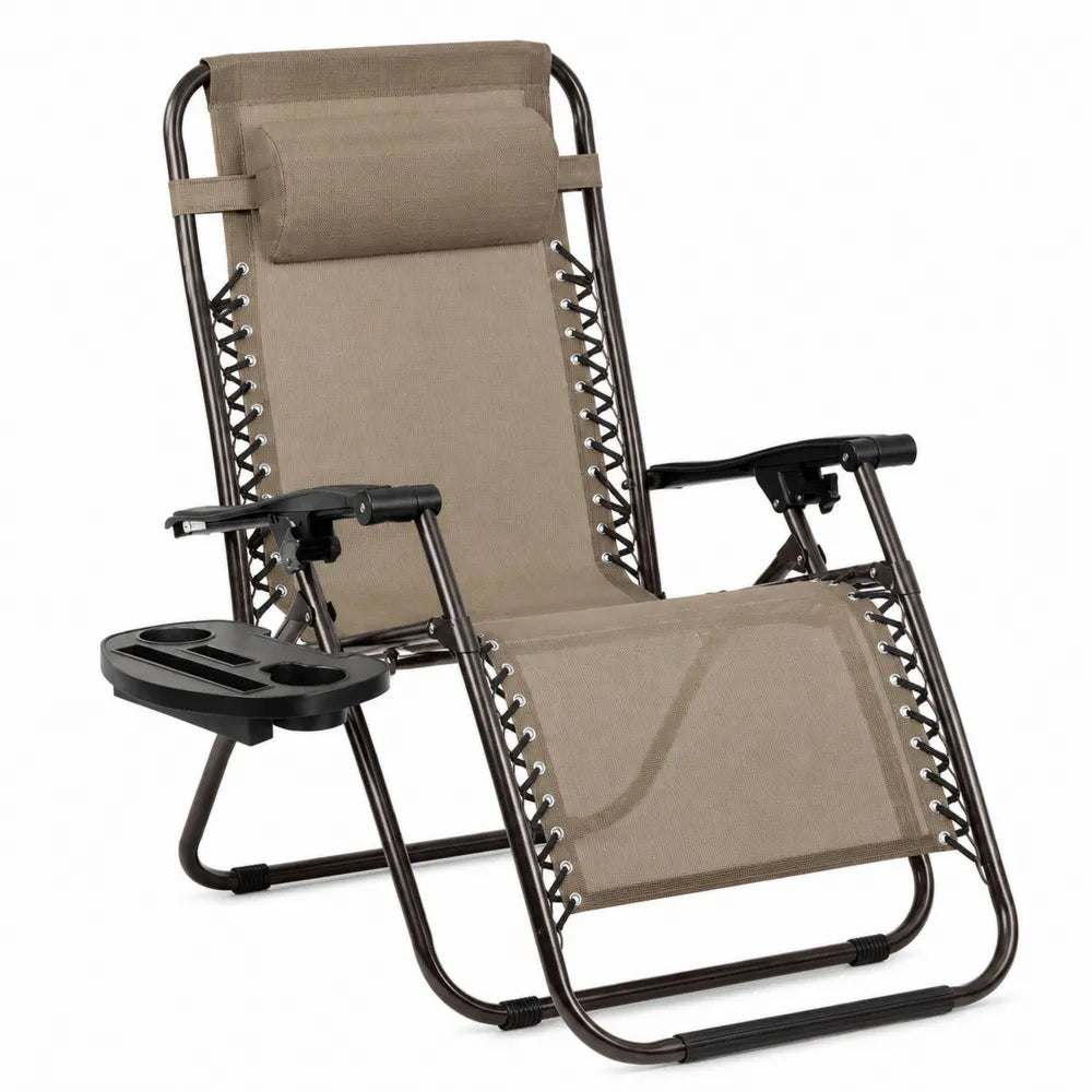 Chaise longue métal et toile polyester beige avec plateau amovible