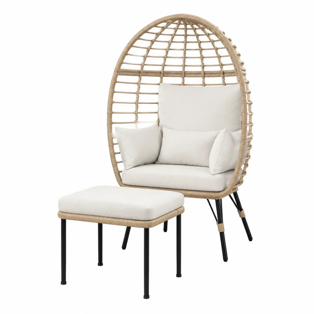Fauteuil en rotin synthétique avec repose-pieds et coussins en polyester crème