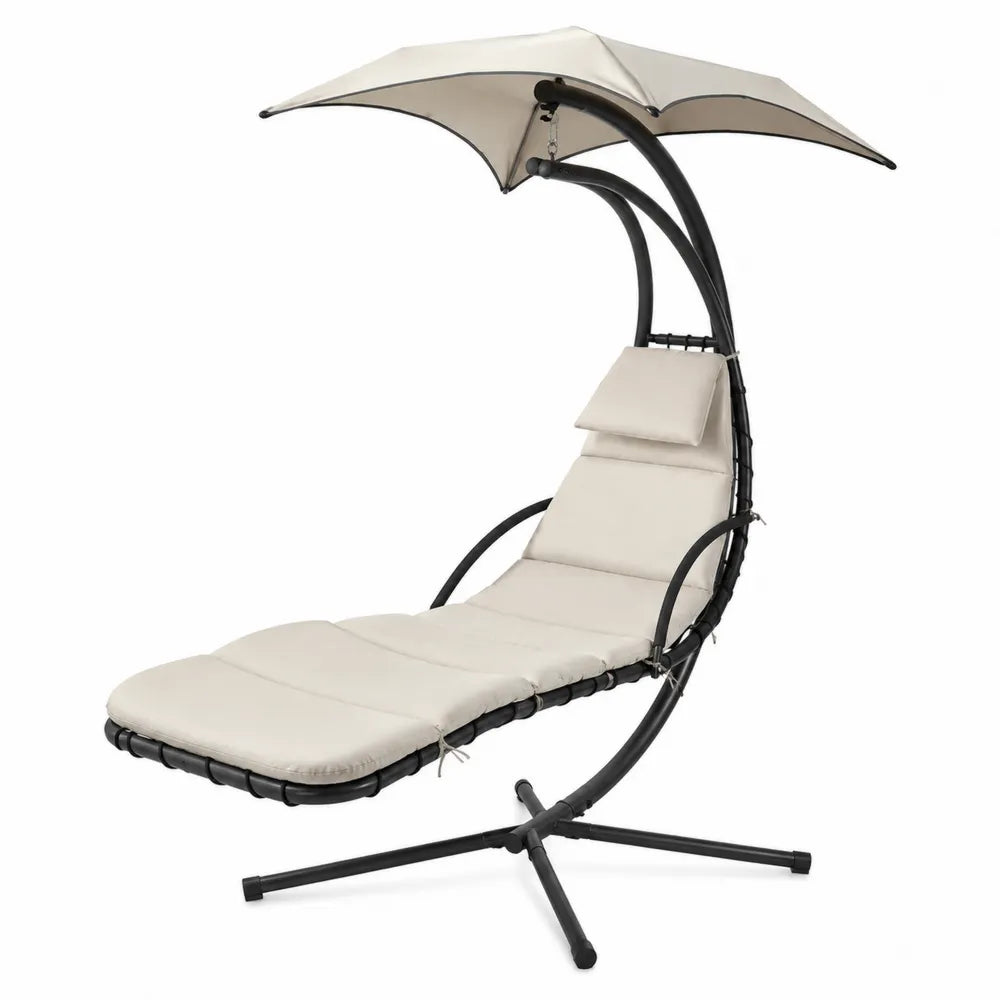 Chaise Longue Suspendue en Acier avec Parasol en Polyester Beige