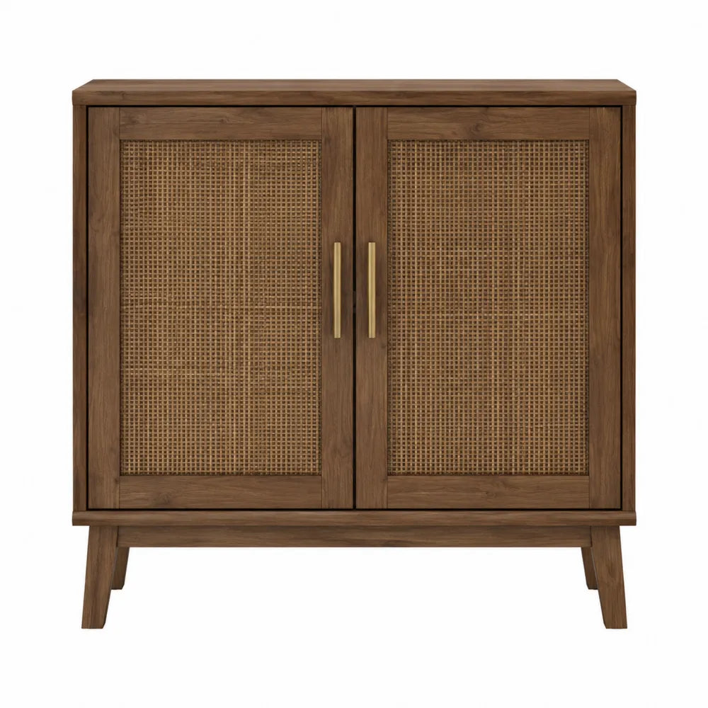 Buffet en bois et rotin, 2 portes, marron