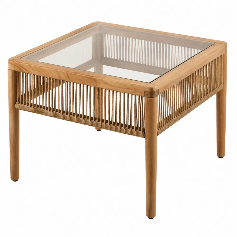 Table basse d'extérieur en teck et fibre synthétique avec plateau en verre trempé