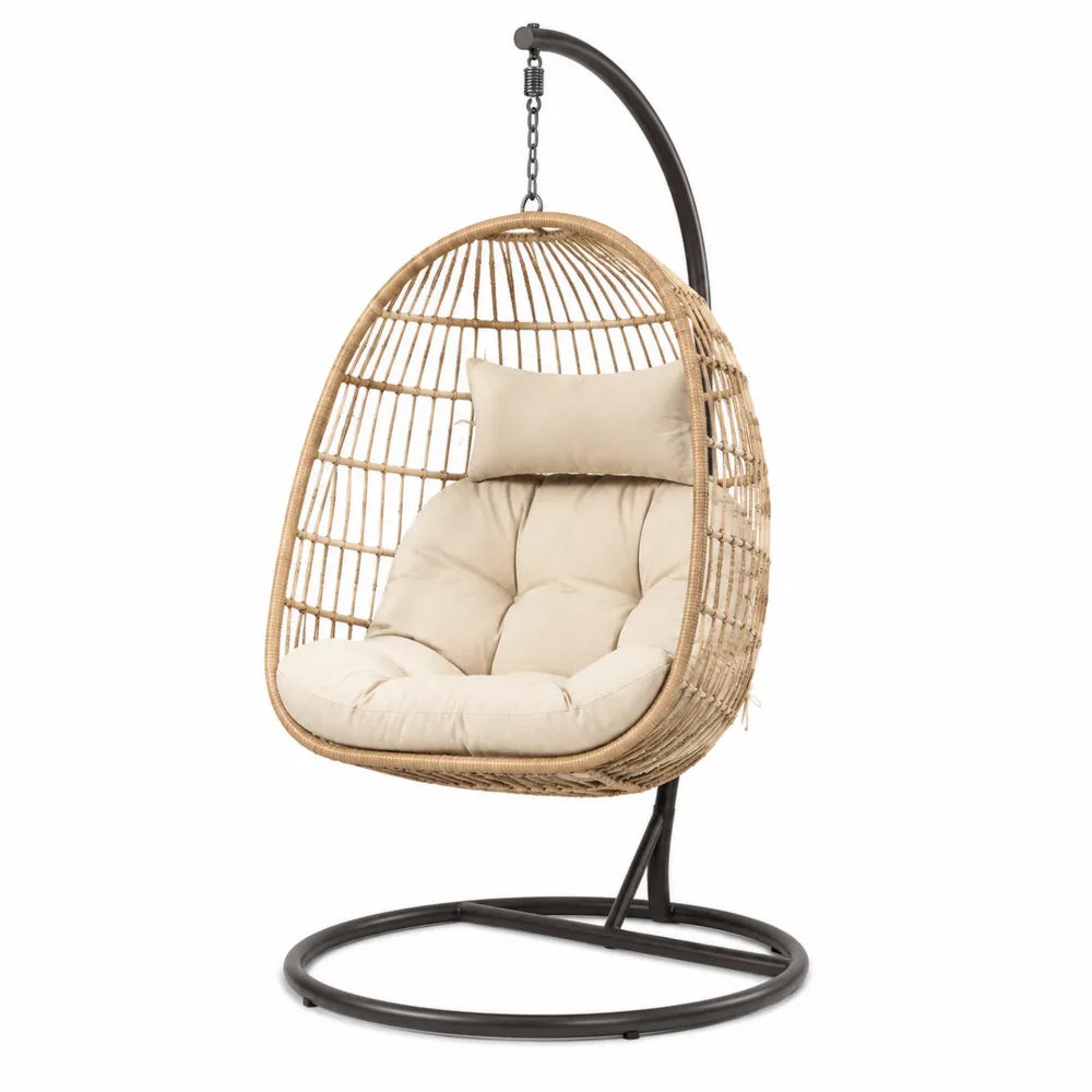Chaise suspendue en rotin avec coussin en polyester beige et cadre métallique