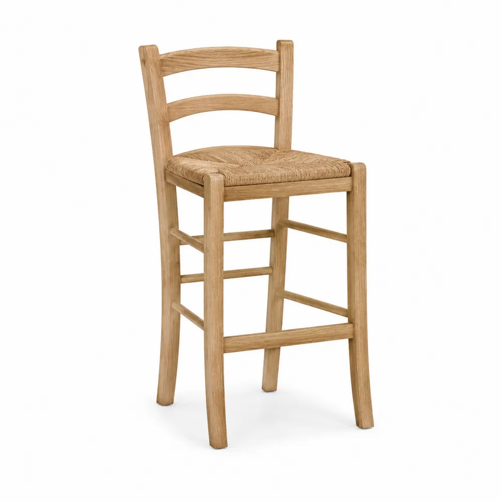 Tabouret de bar en bois et paille tressée, couleur bois naturel