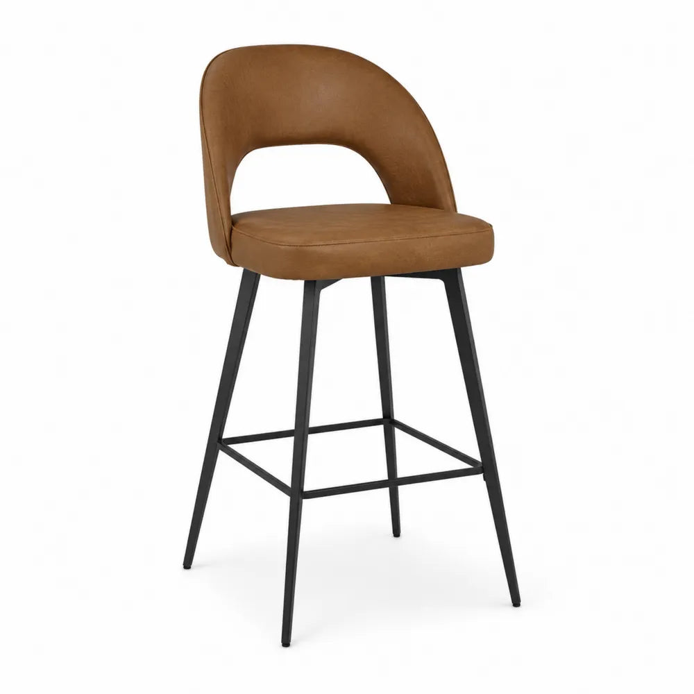 Tabouret de bar en cuir synthétique brun avec pieds en acier noir
