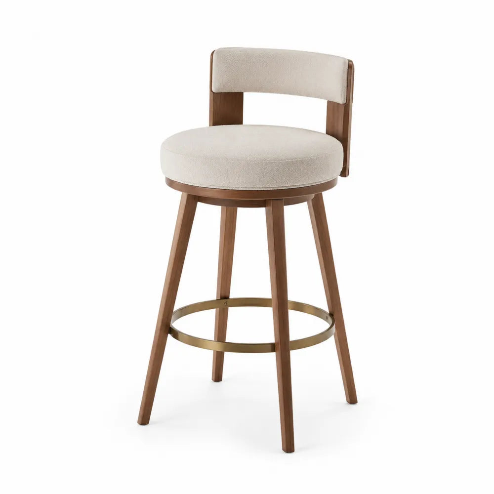 Tabouret de bar pivotant en bois de hêtre et tissu beige