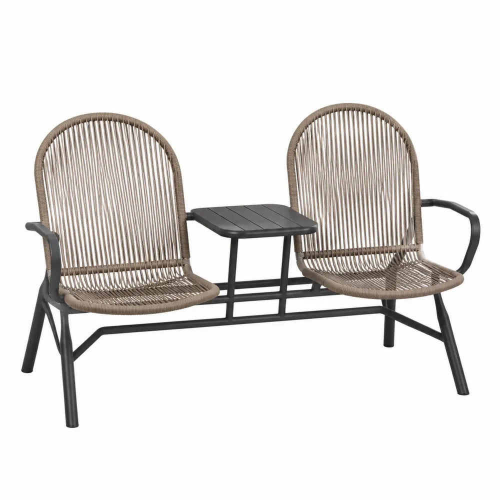 Banc extérieur en métal et corde avec table intégrée