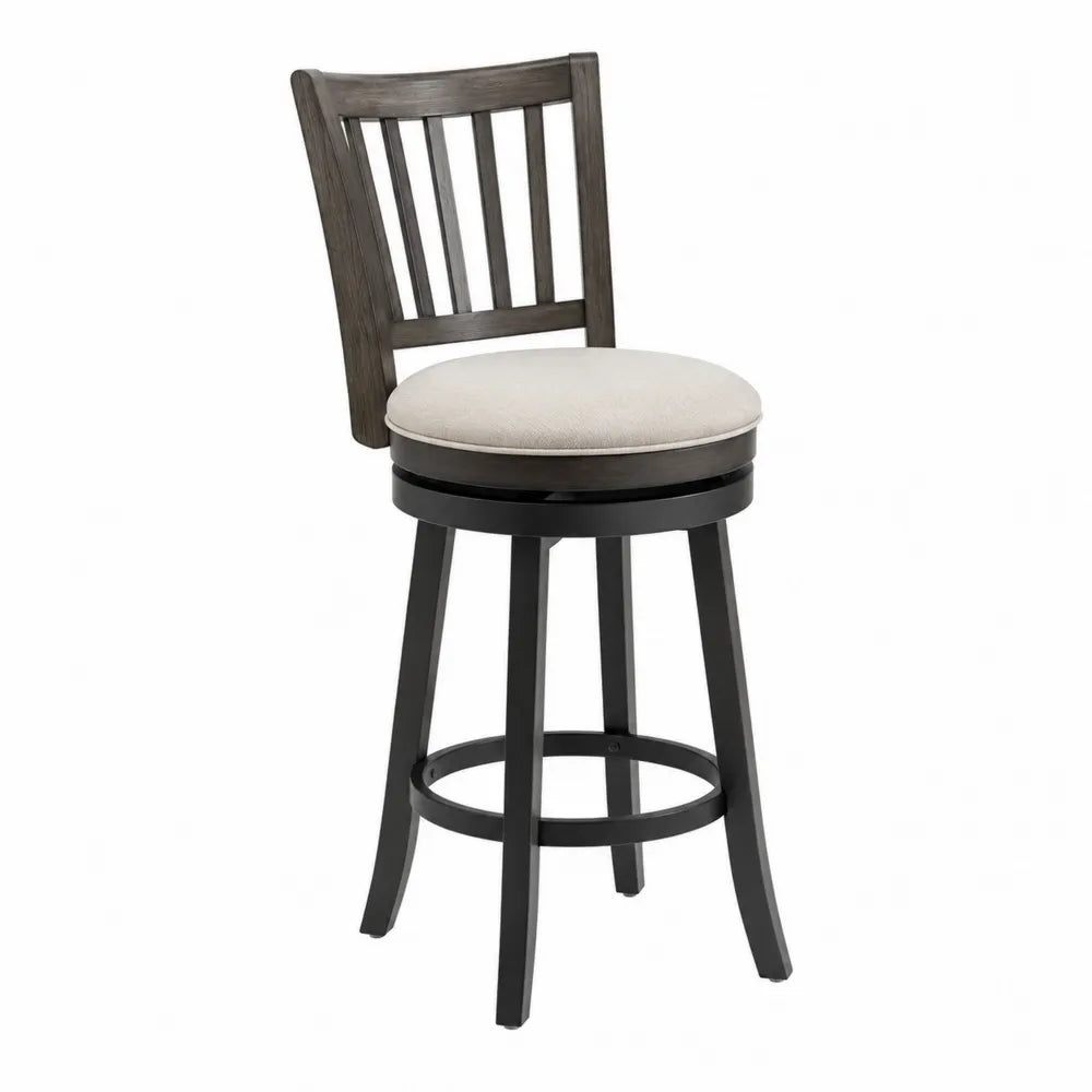 Tabouret de bar pivotant en bois et tissu noir/beige/gris foncé